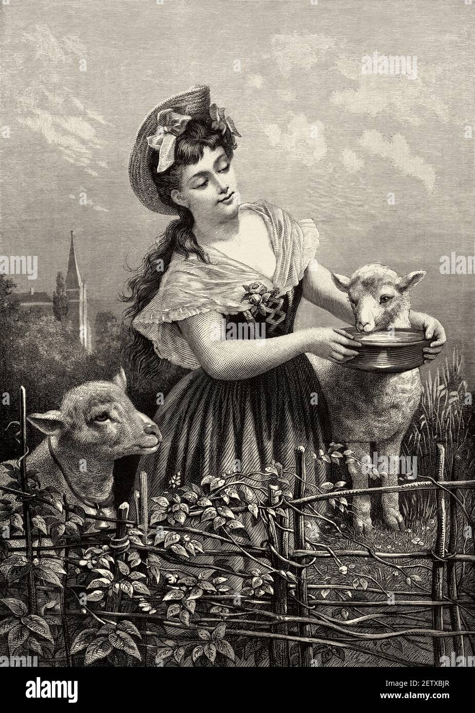 Jeune femme bergère du XIXe siècle qui donne de la boisson à ses moutons. Ancienne illustration gravée du XIXe siècle, El Mundo Ilustrado 1881 Banque D'Images
