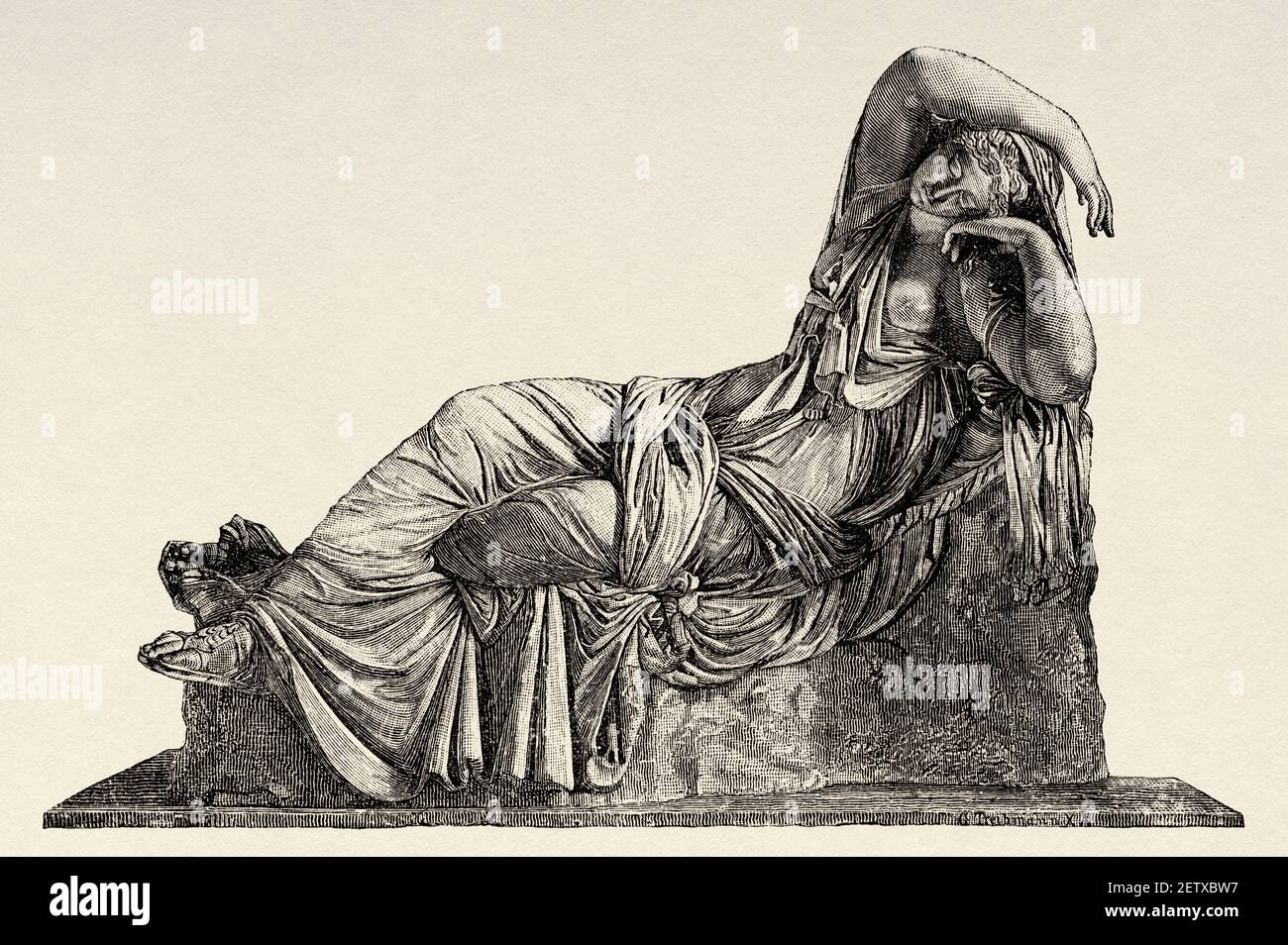 Sleeping Ariadne, fille de Minos et Pasiphae, Sculpture grecque. Grèce antique. Ancienne illustration gravée du XIXe siècle, El Mundo Ilustrado 1881 Banque D'Images