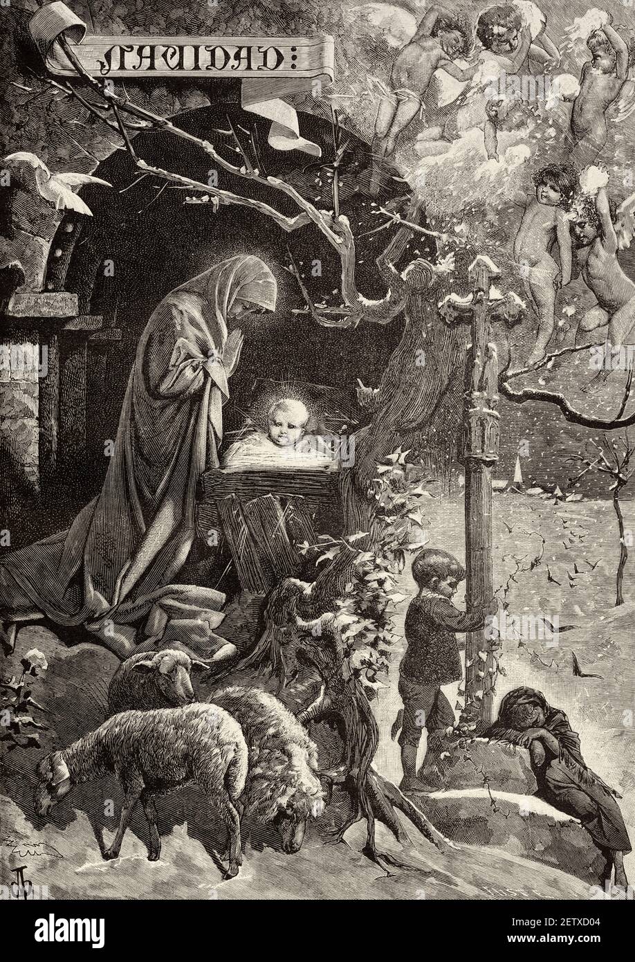 La Nativité. Illustration gravée du XIXe siècle, El Mundo Ilustrado 1880 Banque D'Images