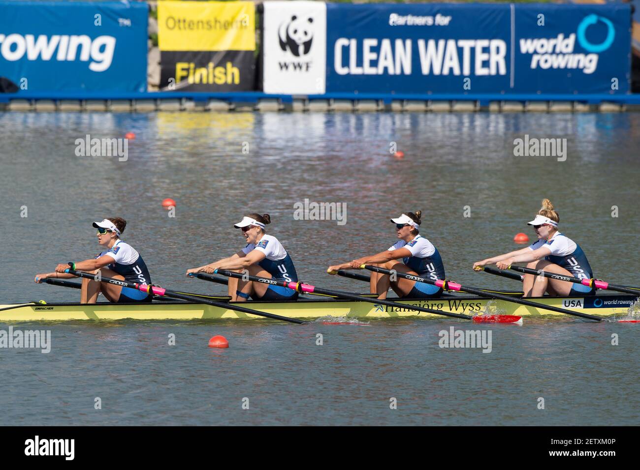 Linz, Autriche, samedi 31 août 2019, Championnat du monde d'aviron FISA, USA W4X, Bow Lauren SCHMETTERLING, Sophia VITAS, Emily HUELSKAMP, Kathryn ROACH, face à la Tour, finale B, [crédit obligatoire; Peter SPURRIER/Intersport Images] 12:51:32 31.08.19 Banque D'Images