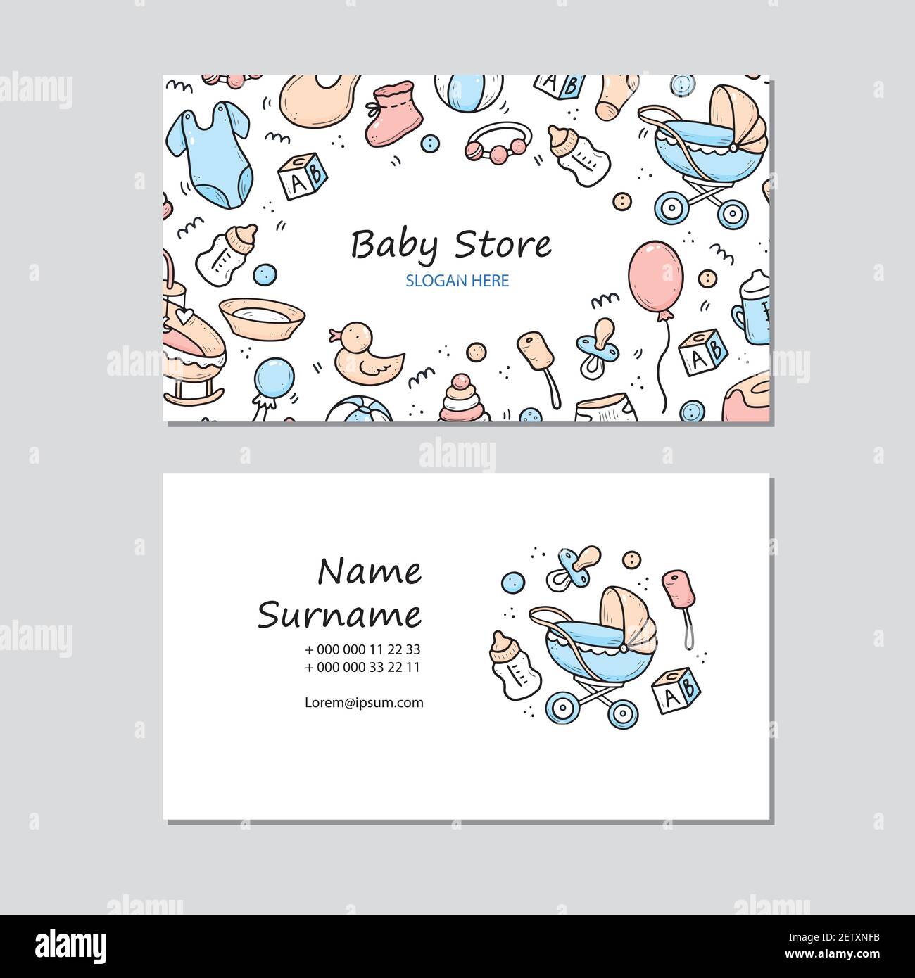 Carte de visite tirée à la main avec des choses pour bébé, jouet, hochet, lait bootle, vêtements. Style d'esquisse Doodle. Illustration pour magasin de bébé, modèle de conception de carte de visite de magasin pour enfants. Illustration de Vecteur