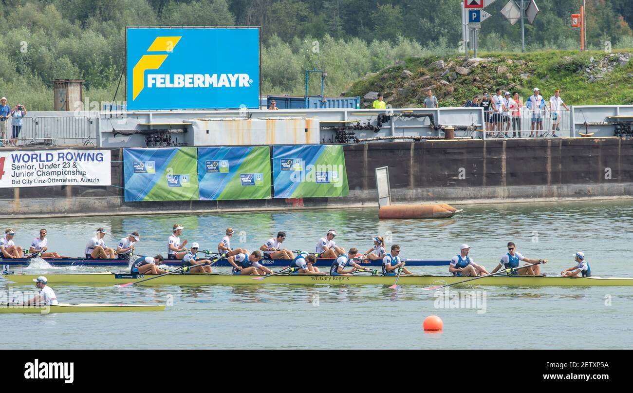 Linz, Autriche, Dimanche, 1er sept 2019, FISA World Rowing Championship, dimanche final Women's Single Sculpls, NZL W1X, Emma TWIGG, Silver Medalist Day [crédit obligatoire; Peter SPURRIER/Intersport Images] 14:17:38 01/09/2019 crews Gold Medalist M8+, Bow Johannes WEISSENFELD, Laurits Torben, Christopher REINHARDT, JANFER, JANFER, Christophe REINBEN, JANFER, JORT, JENORT, Christophe, JENOR Jakob SCHNEIDER, Malte JAKSCHIK, Richard SCHMIDT, Hannes OCIK, Cox Martin SAUER, GBR M8+, Bow Tom George, James Rudkin, Josh Bugajski, Mohamed Sbihi, Jacob Dawson, Ollie Wynne-Griffith, Matt Tarrant, Tom Ford, Cox Henry Fieldman, USA M8+, Bow Alexander Banque D'Images