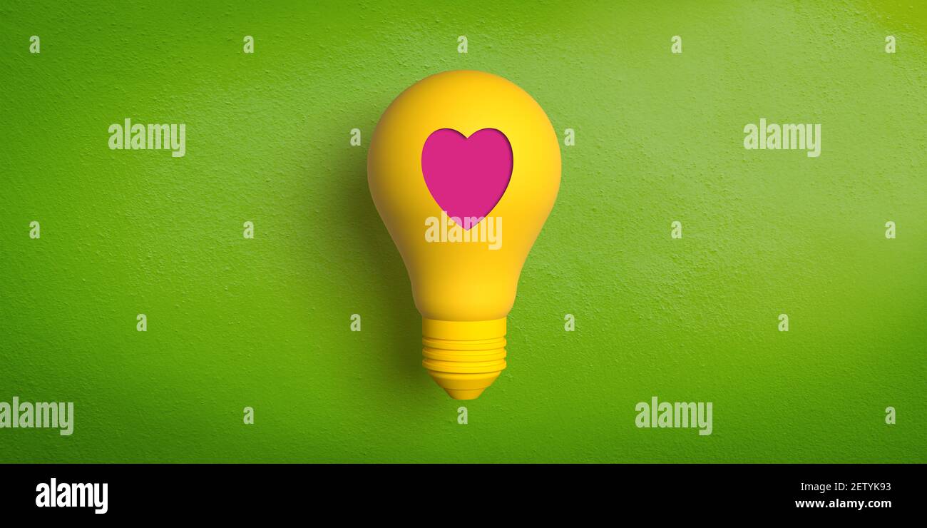 Idées et innovation concept: Ampoule 3D sur vert. Coeur rouge pour l'amour et le romantisme. Inspiration romantique pour la Saint-Valentin et la fête des mères. Banque D'Images