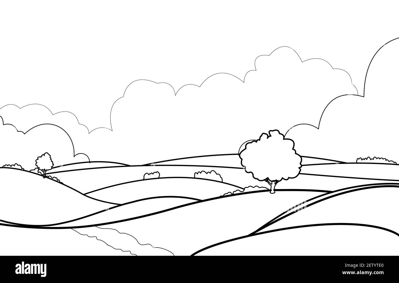 Dessin de lignes, dessin de champs verts d'été avec herbe, arbres, nuage et ciel . paysage d'arrière-plan.illustration vecteur. Illustration de Vecteur