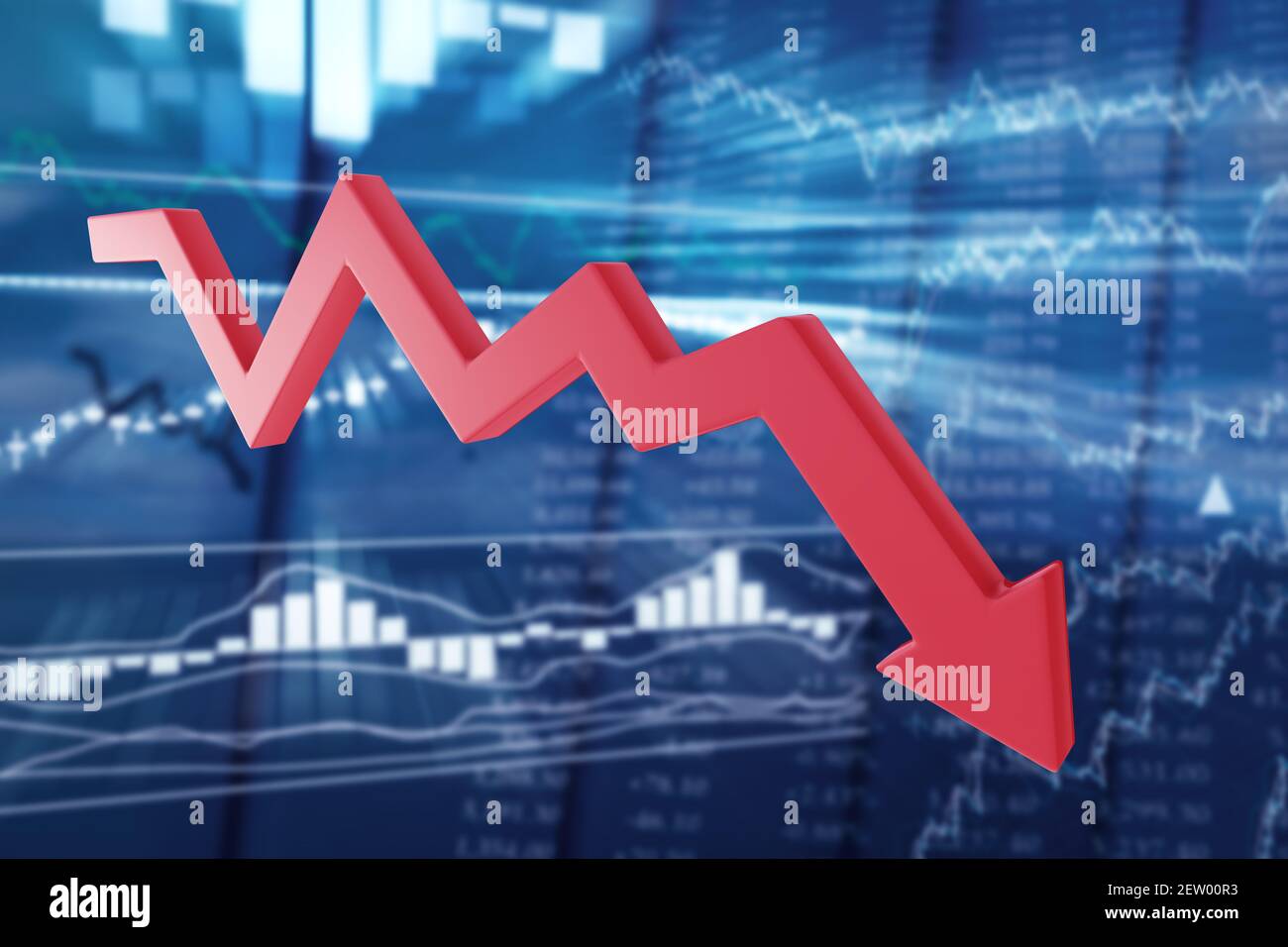Flèche rouge décroche sur un arrière-plan flou des cours d'actions. Les baisses de prix prolongées, portent le concept du marché. illustration 3d Banque D'Images