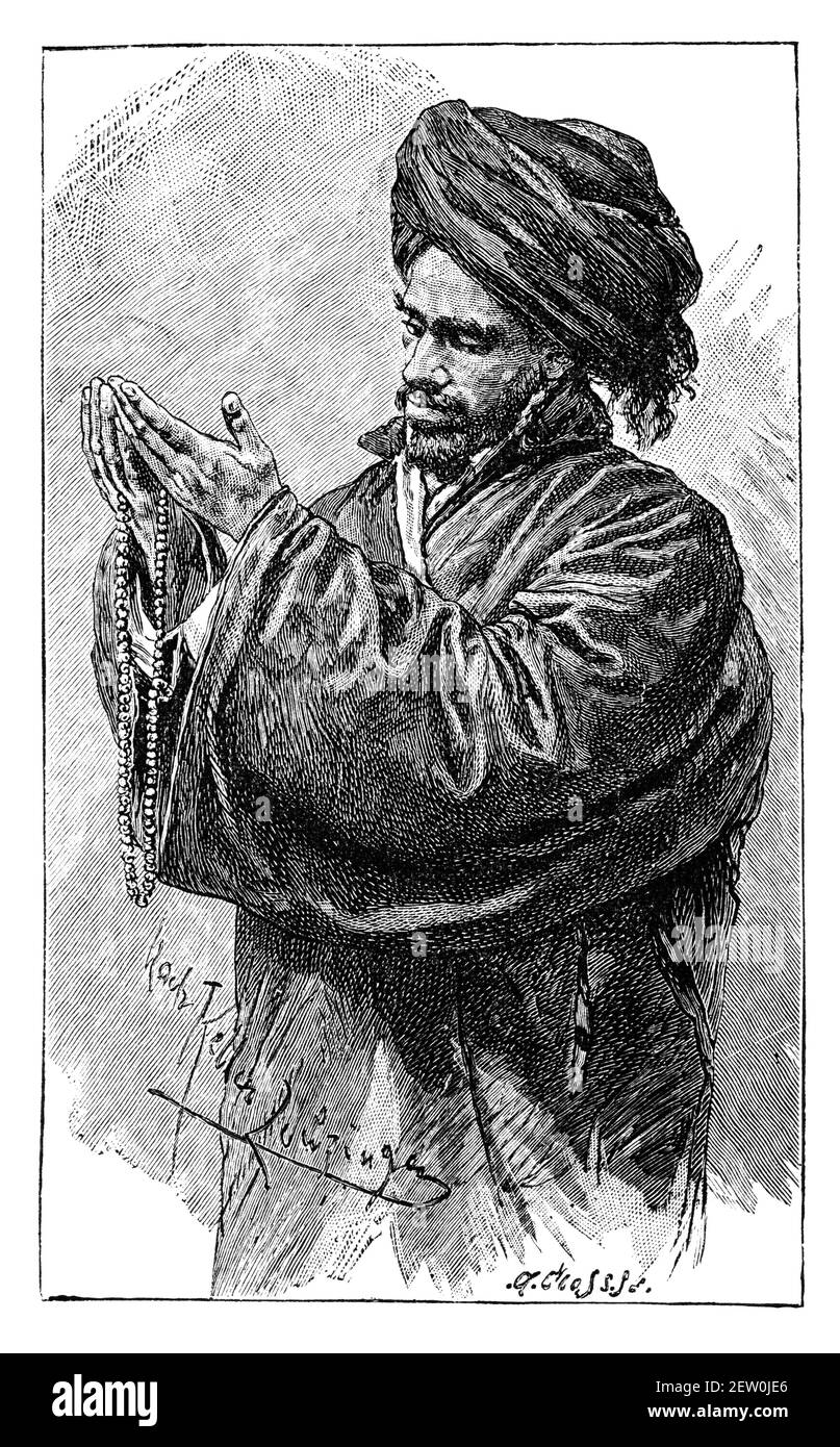 Prier le mollah. Culture et histoire de l'Afrique. Illustration ancienne vintage noir et blanc. 19e siècle. Banque D'Images