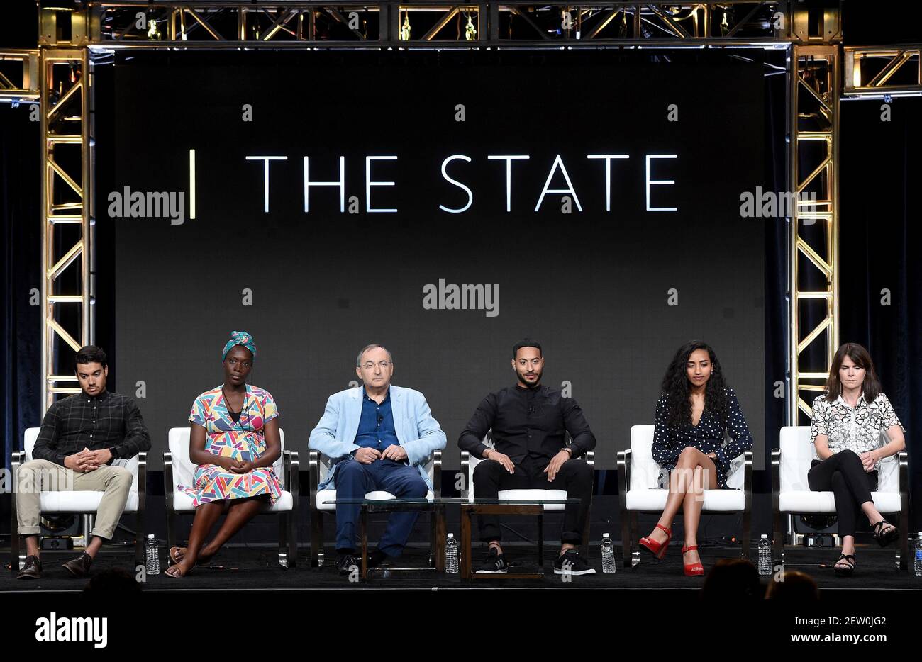BEVERLY HILLS - 25 JUILLET : (G-D) Sam Otto, ony Uhiara, Peter Kosminsky, Ryan McKen, Shavani Cameron et Liza Marshall ont été mis en scène lors de la tournée de presse d'été 2017 de l'ACT au Beverly Hilton le 25 juillet 2017 à Beverly Hills, en Californie. (Photo de Frank Micelotta/NatGeo/PictureGroup) *** Veuillez utiliser le crédit du champ de crédit *** Banque D'Images