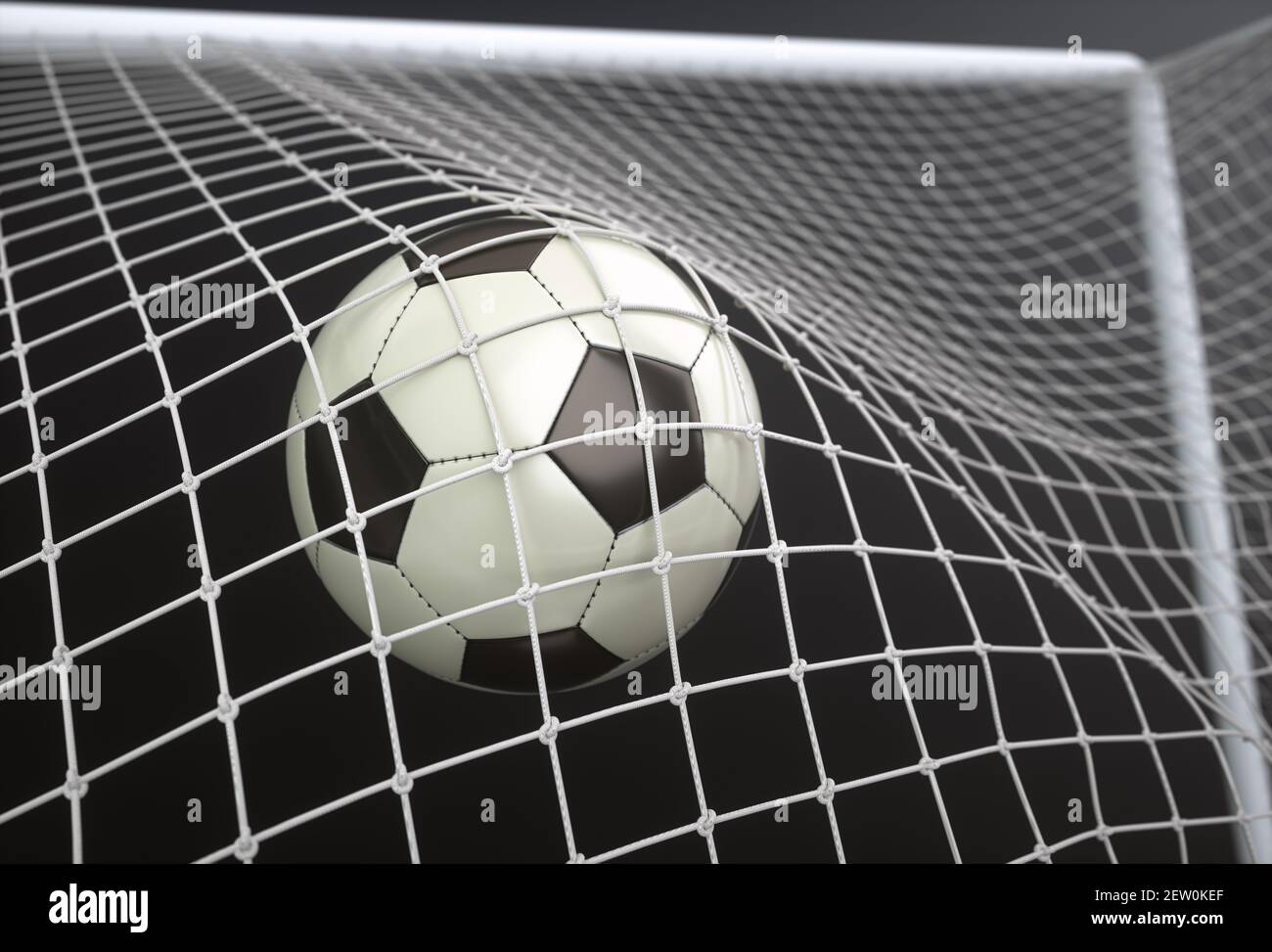 Ballon de football, marquant le but et déplaçant le filet. Illustration 3D, sur fond sombre. Banque D'Images