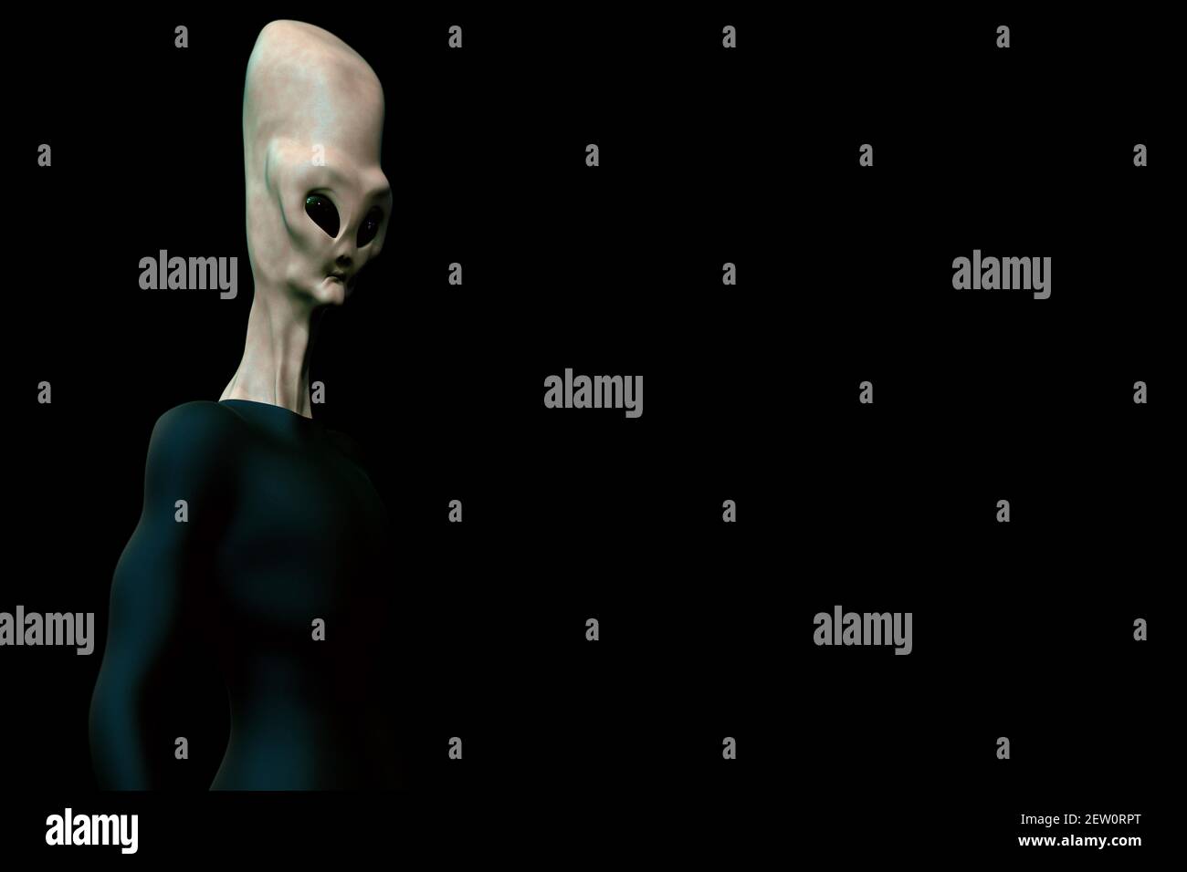 Créature humanoïde grise Alien avec tête longue. Rendu 3d haute résolution extrêmement détaillé et réaliste Banque D'Images