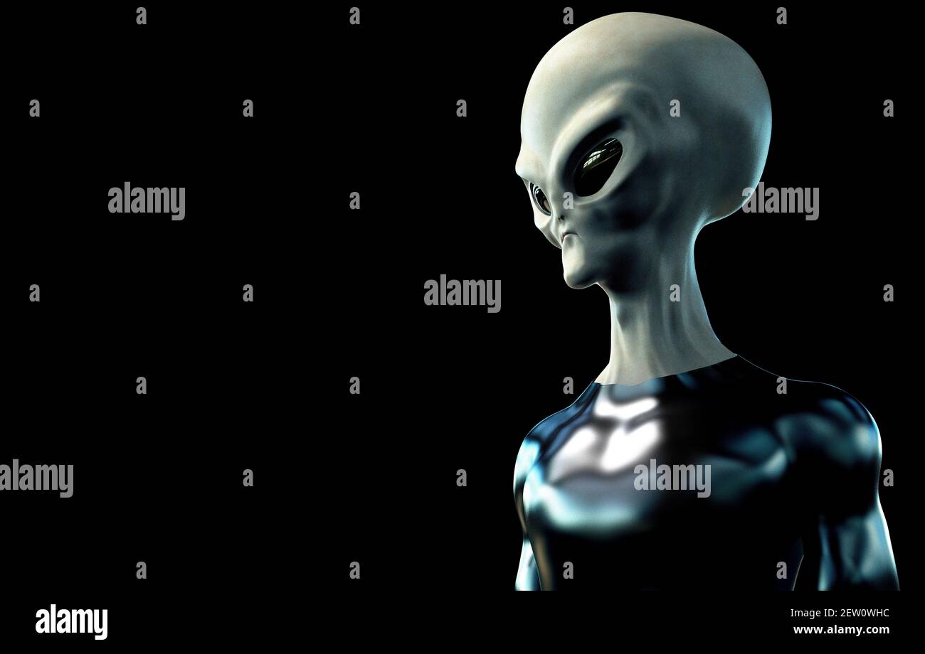 Personnage humanoïde gris Alien et sur fond noir. Rendu 3d haute résolution extrêmement détaillé et réaliste Banque D'Images