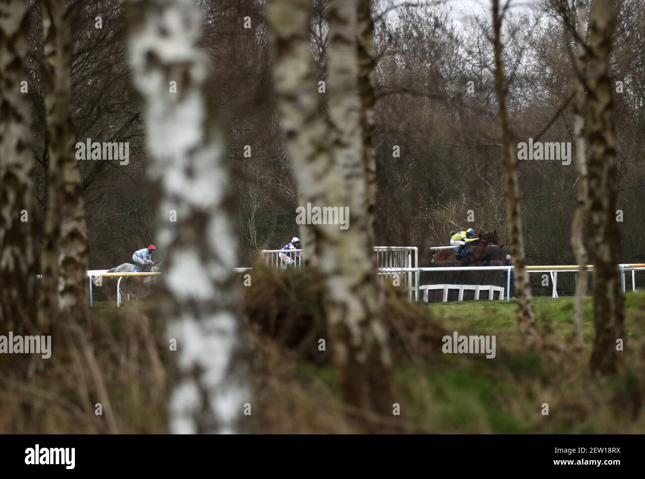 Charlie Deutsch à cheval sur Arqalina (à droite) sur leur chemin pour se placer deuxième dans le dans chaque course Live sur Racing TV Maress' handicap Chase à l'hippodrome de Leicester. Date de la photo: Mardi 2 mars 2021. Banque D'Images