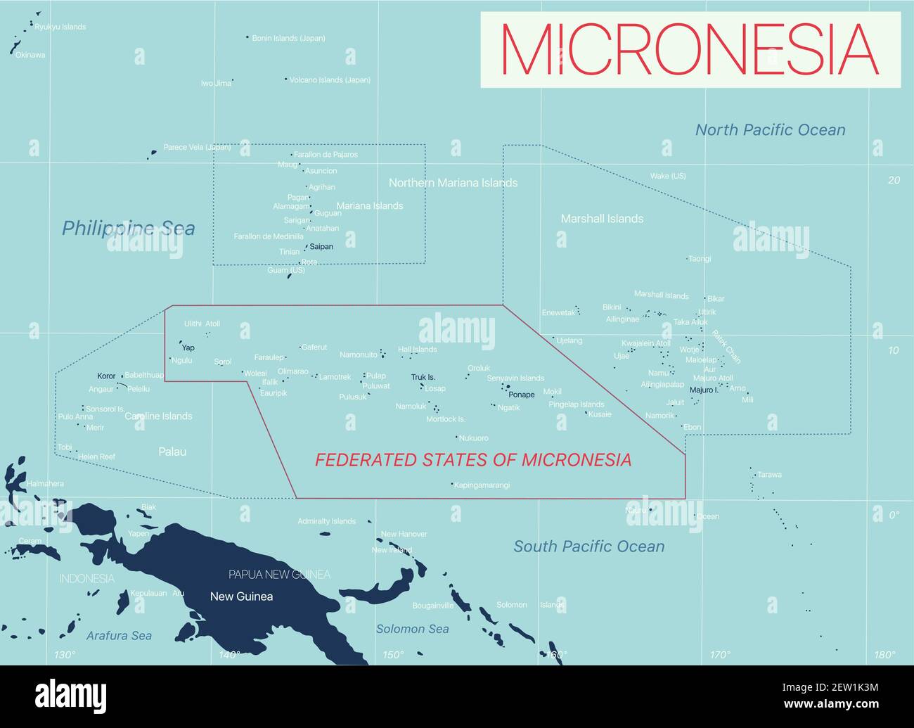 Carte détaillée modifiable de la Micronésie avec villes et sites géographiques. Fichier vectoriel EPS-10 Illustration de Vecteur