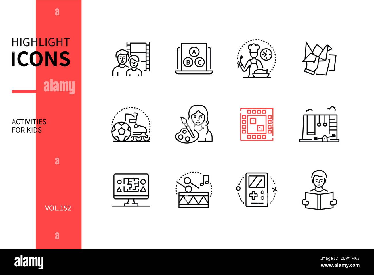 Activités pour enfants - ensemble d'icônes style design de ligne. Les parents passent du temps avec les enfants idée. Cinéma, cuisine, artisanat, sport, dessin, planche, vidéo Illustration de Vecteur