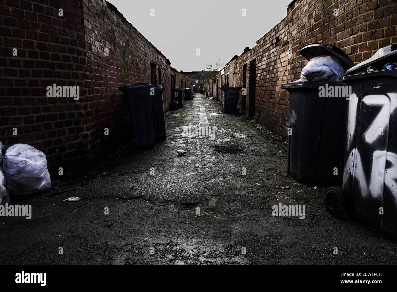 Une rue arrière ou une allée entre les maisons mitoyennes Dans le nord de l'Angleterre du Royaume-Uni avec des poubelles et des roues bacs en attente de collecte Banque D'Images