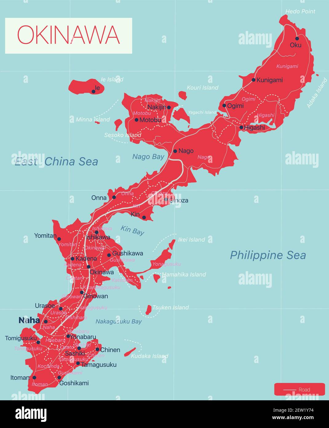 Carte détaillée modifiable d'Okinawa avec villes et sites géographiques. Fichier vectoriel EPS-10 Illustration de Vecteur