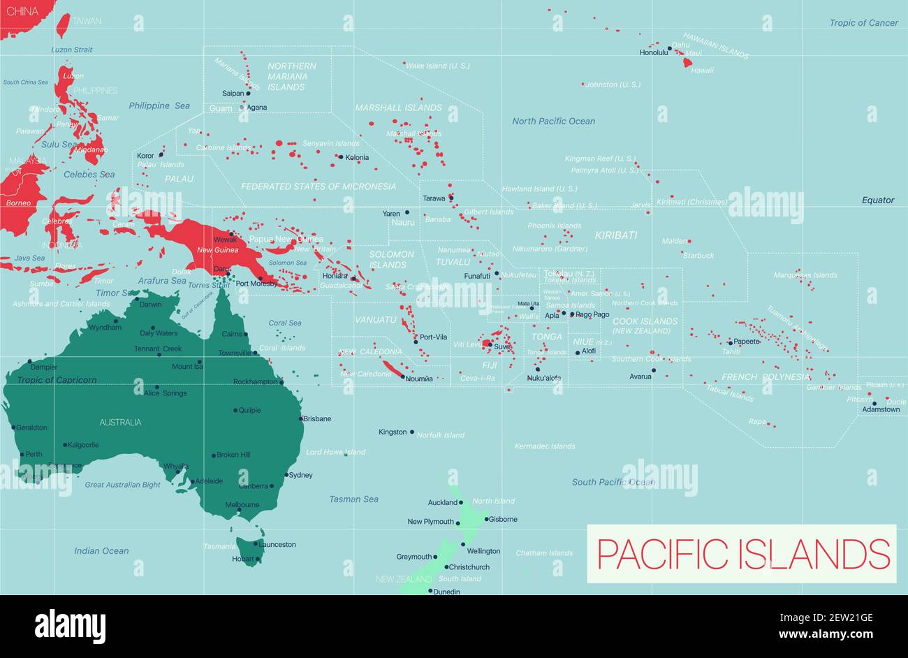 Carte détaillée modifiable de l'île du Pacifique avec villes et sites géographiques. Fichier vectoriel EPS-10 Illustration de Vecteur