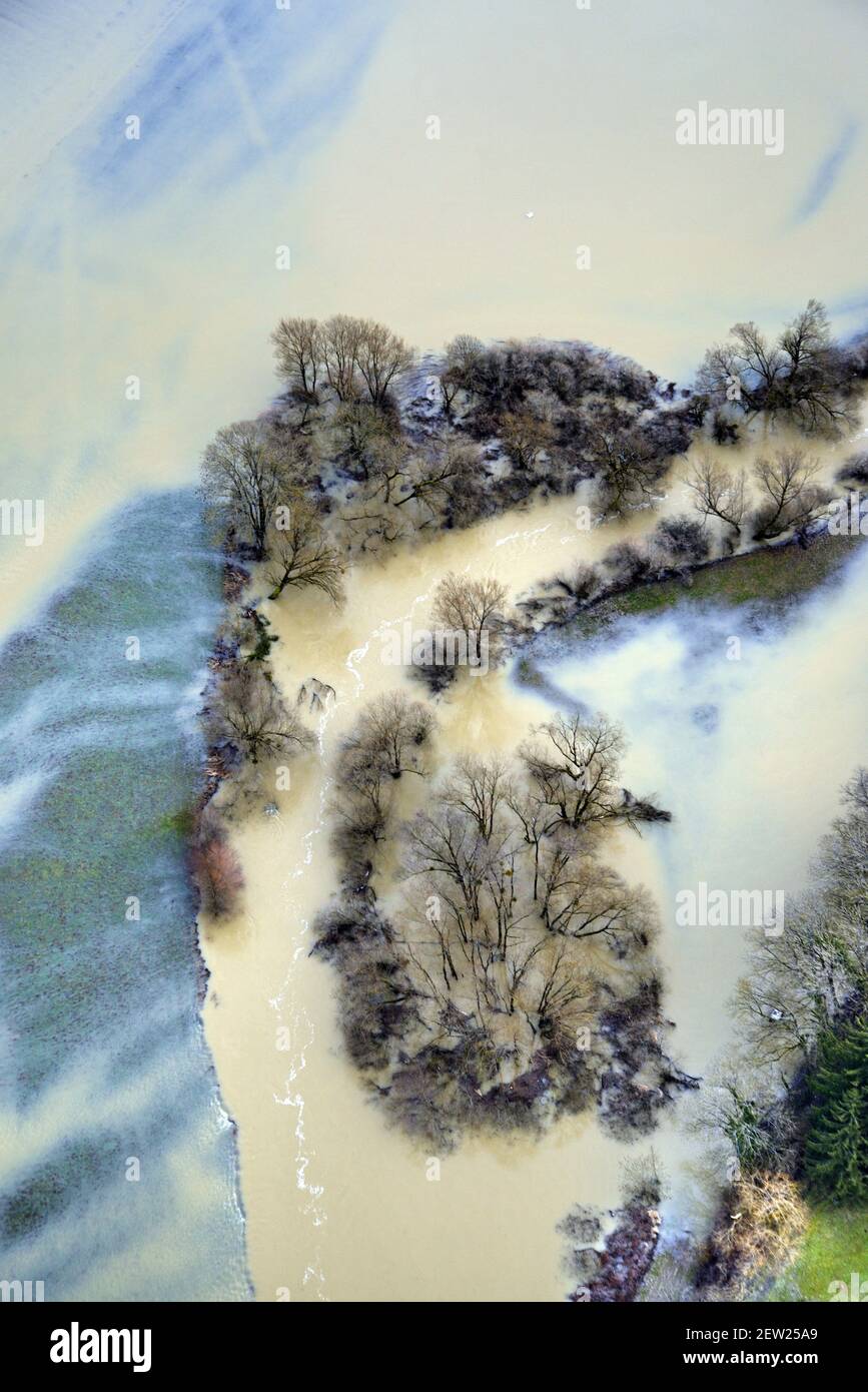 France, territoire de Belfort, Brebotte, Autrechêne, vallée, Bourbeuse, inondation, inondation, prairies, méandres (vue aérienne) Banque D'Images