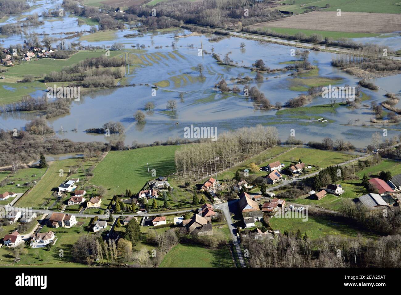 France, territoire de Belfort, Brebotte, Autrechêne, vallée, Bourbeuse, inondation, inondation, prairies, méandres (vue aérienne) Banque D'Images