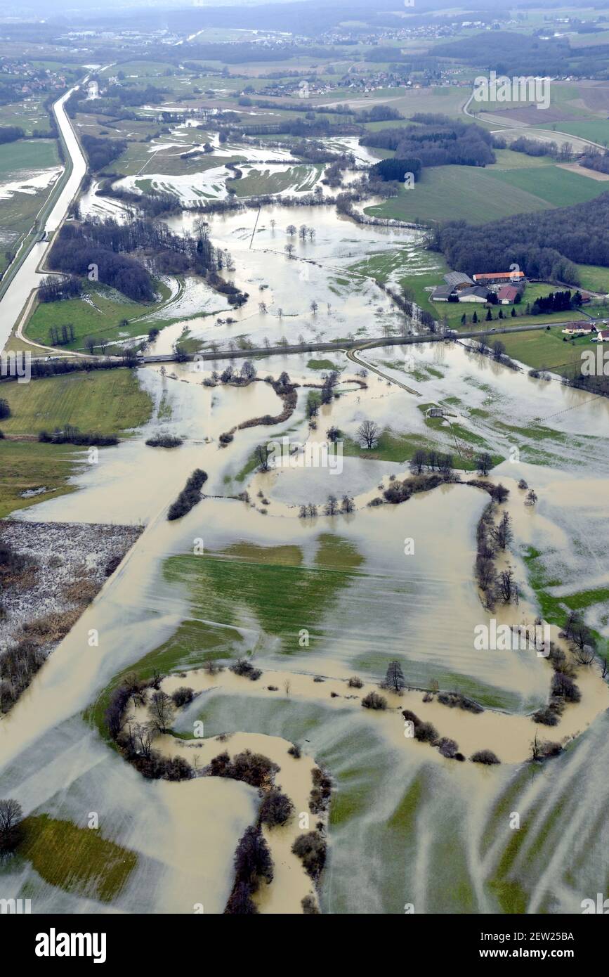 France, territoire de Belfort, Brebotte, Autrechêne, vallée, Bourbeuse, inondation, inondation, prairies, méandres (vue aérienne) Banque D'Images