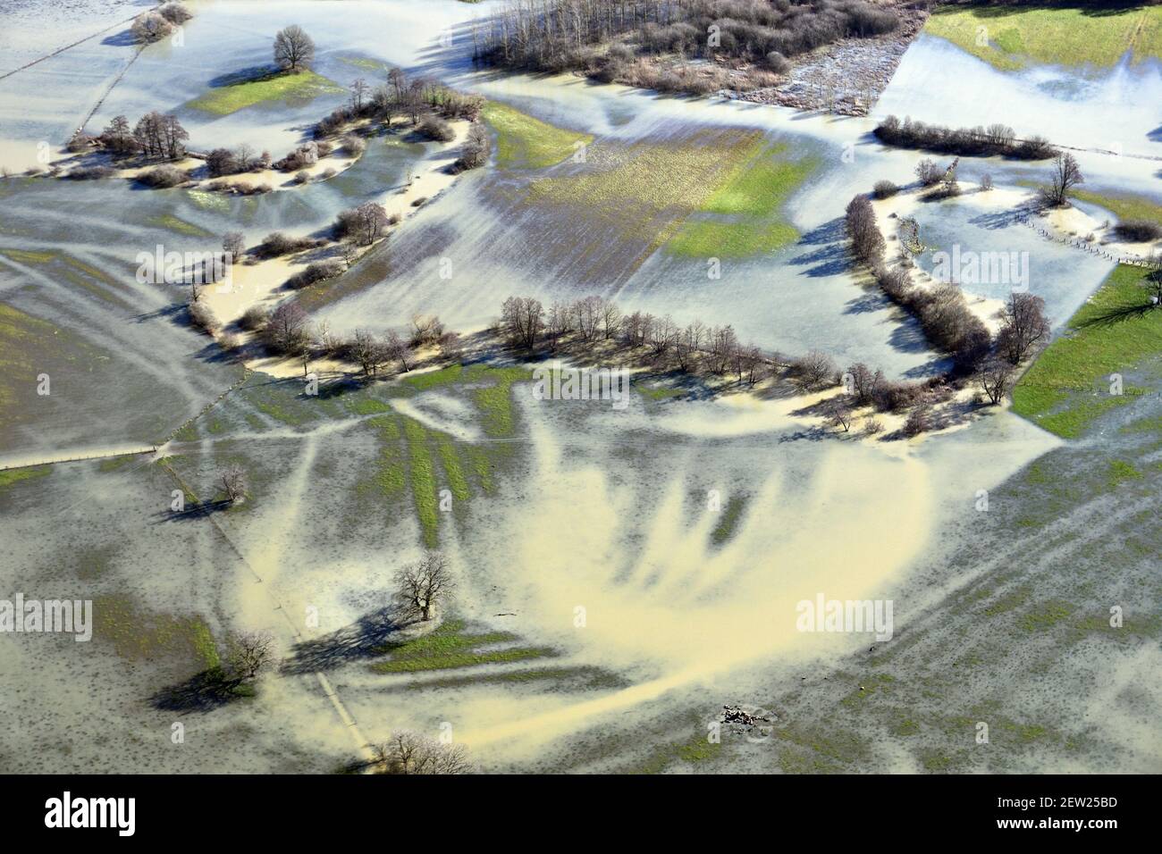 France, territoire de Belfort, Brebotte, Autrechêne, vallée, Bourbeuse, inondation, inondation, prairies, méandres (vue aérienne) Banque D'Images
