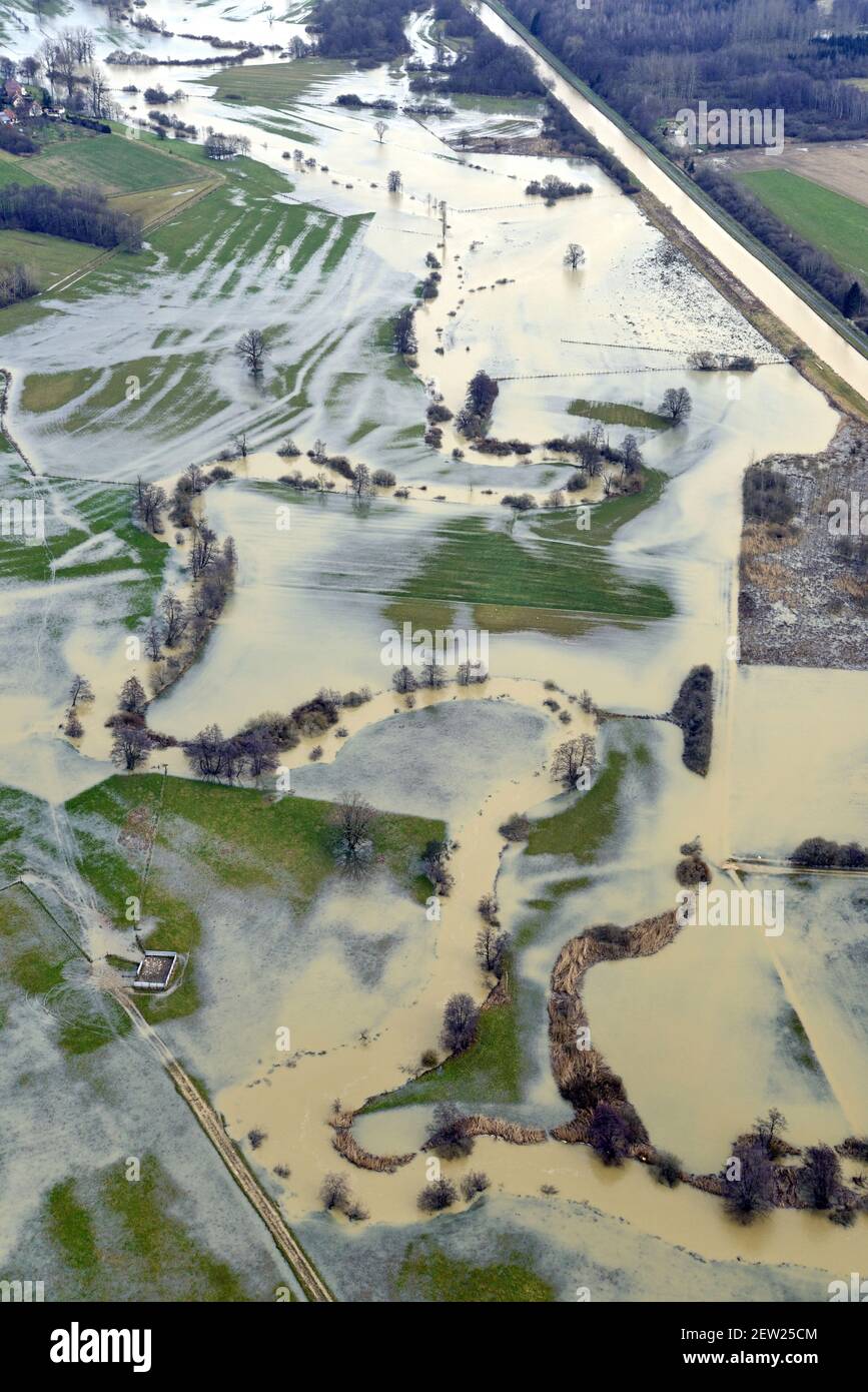 France, territoire de Belfort, Brebotte, Autrechêne, vallée, Bourbeuse, inondation, inondation, prairies, méandres (vue aérienne) Banque D'Images