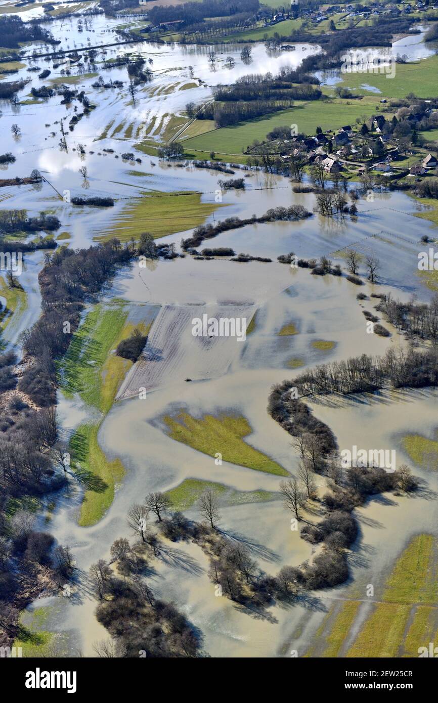 France, territoire de Belfort, Brebotte, Autrechêne, vallée, Bourbeuse, inondation, inondation, prairies, méandres (vue aérienne) Banque D'Images