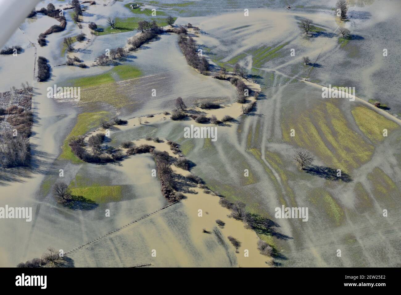 France, territoire de Belfort, Brebotte, Autrechêne, vallée, Bourbeuse, inondation, inondation, prairies, méandres (vue aérienne) Banque D'Images