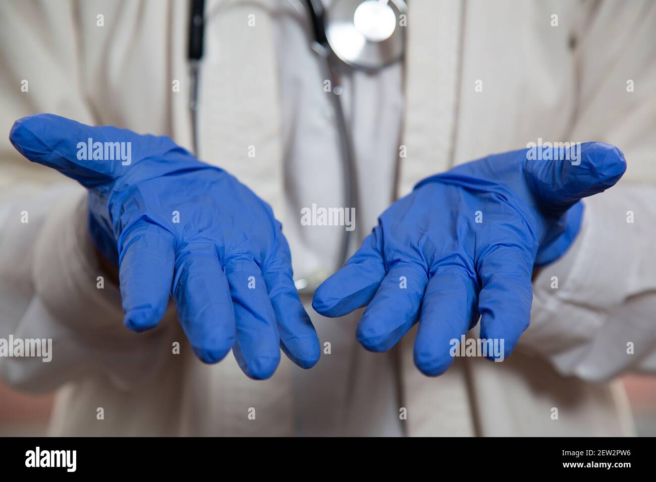 Mains du médecin dans des gants médicaux bleus. Médecine. Banque D'Images