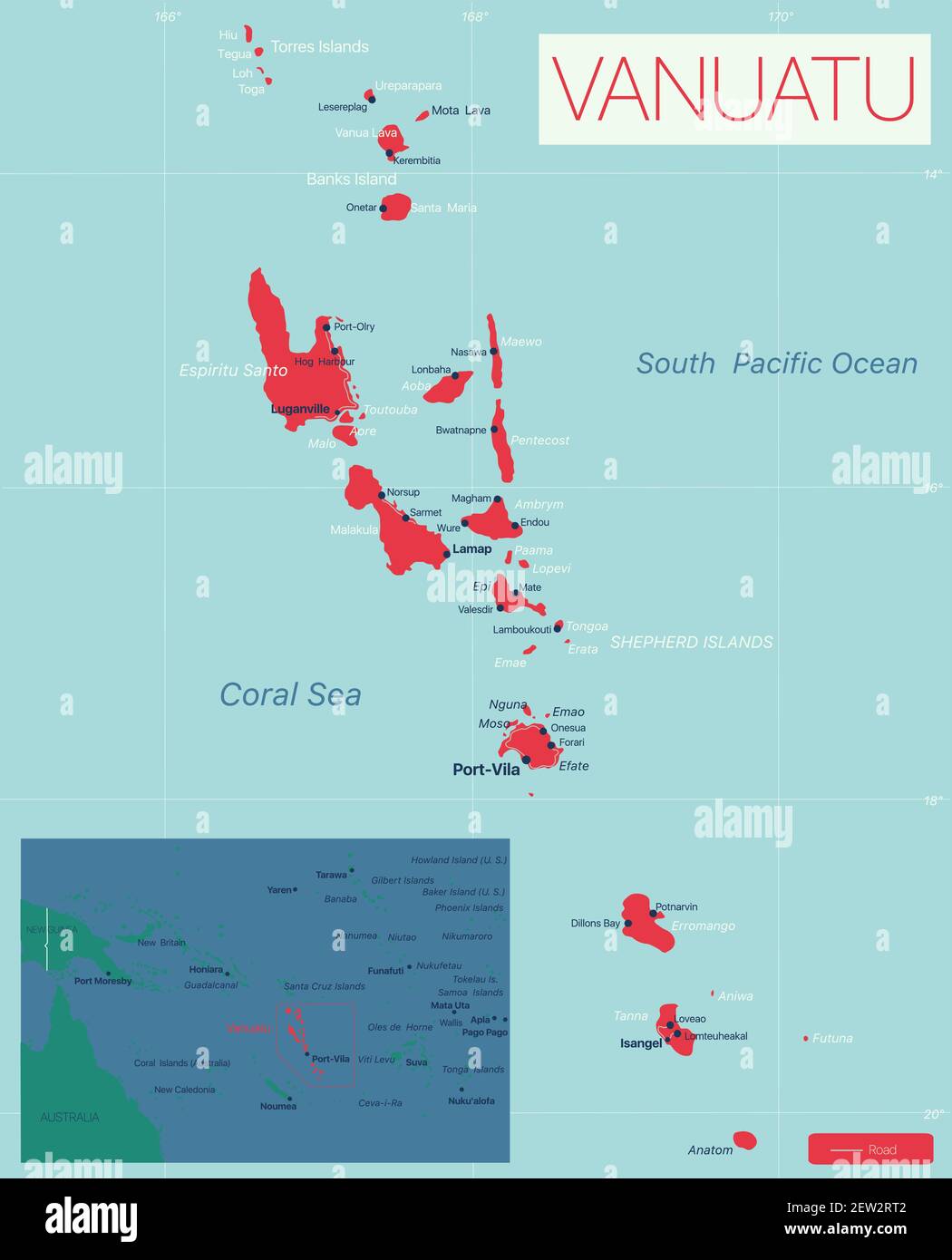 Vanuatu carte détaillée modifiable avec villes et sites géographiques. Fichier vectoriel EPS-10 Illustration de Vecteur