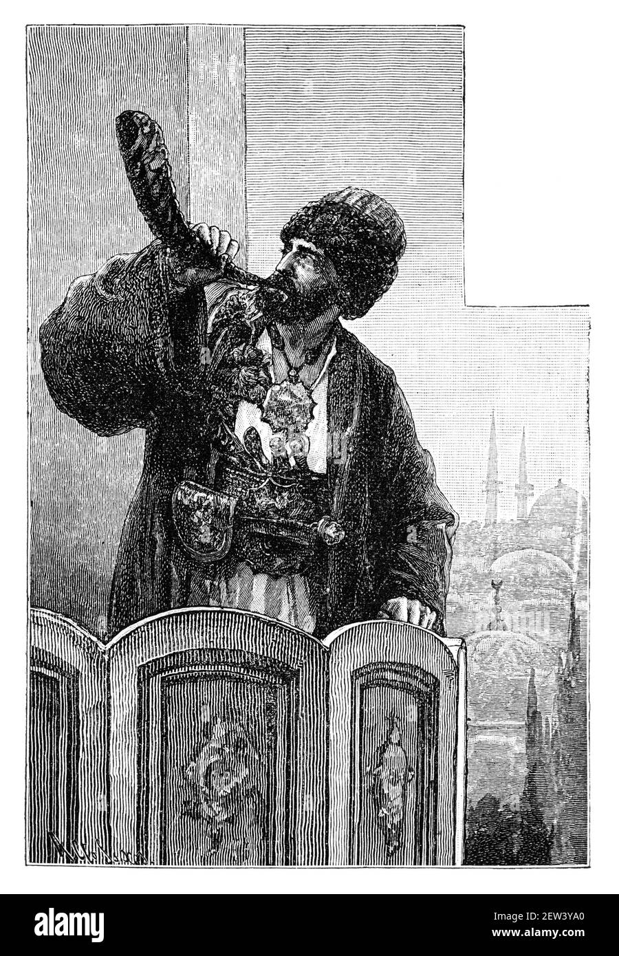 Muezzin à la mosquée appelant à la prière, le Caire, Egypte. Culture et histoire de l'Afrique du Nord. Illustration ancienne vintage noir et blanc. 19e siècle. Banque D'Images