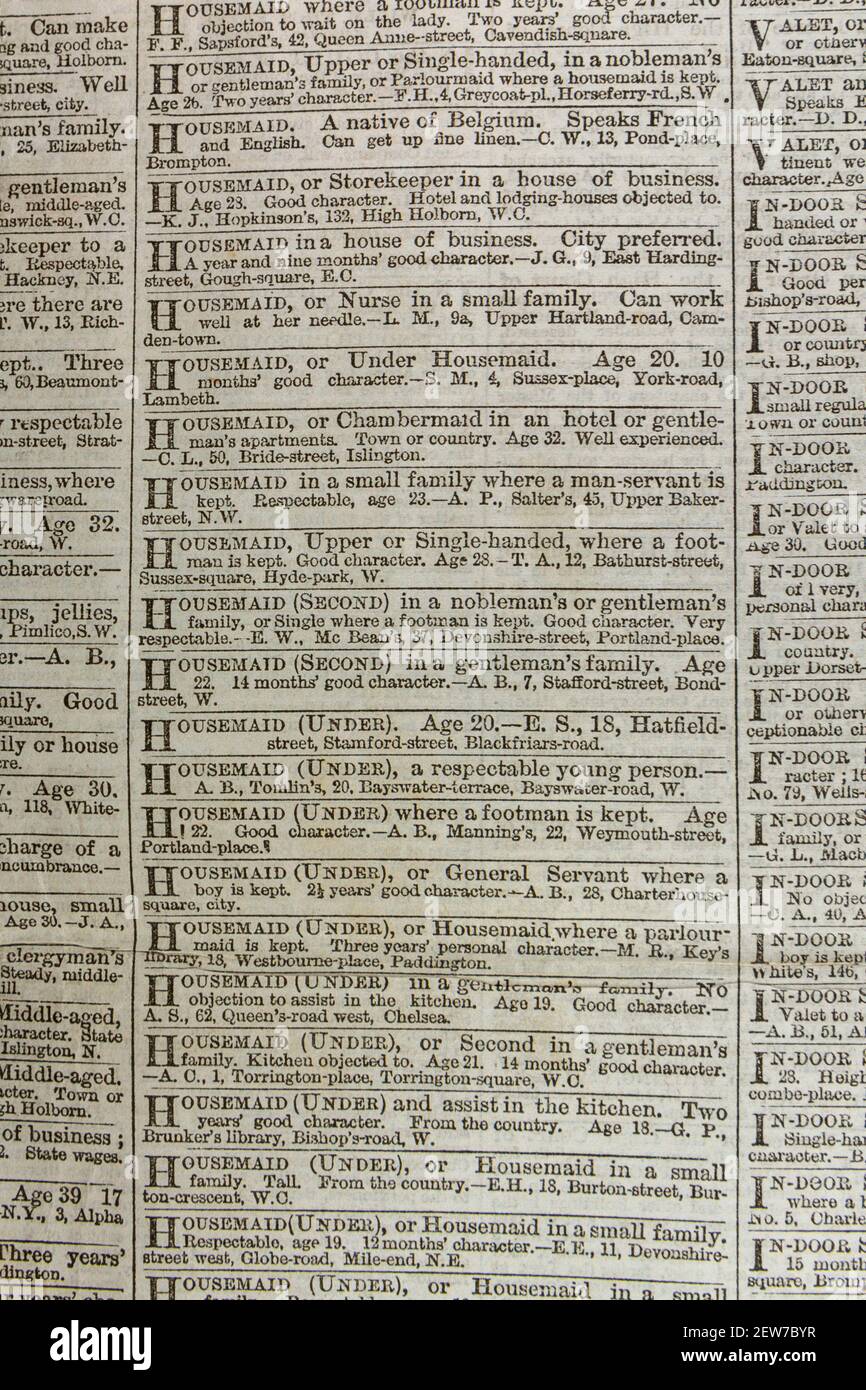 Annonces de postes vacants dans Housemaid n The Times journal Londres le mardi 3 mars 1863. Banque D'Images