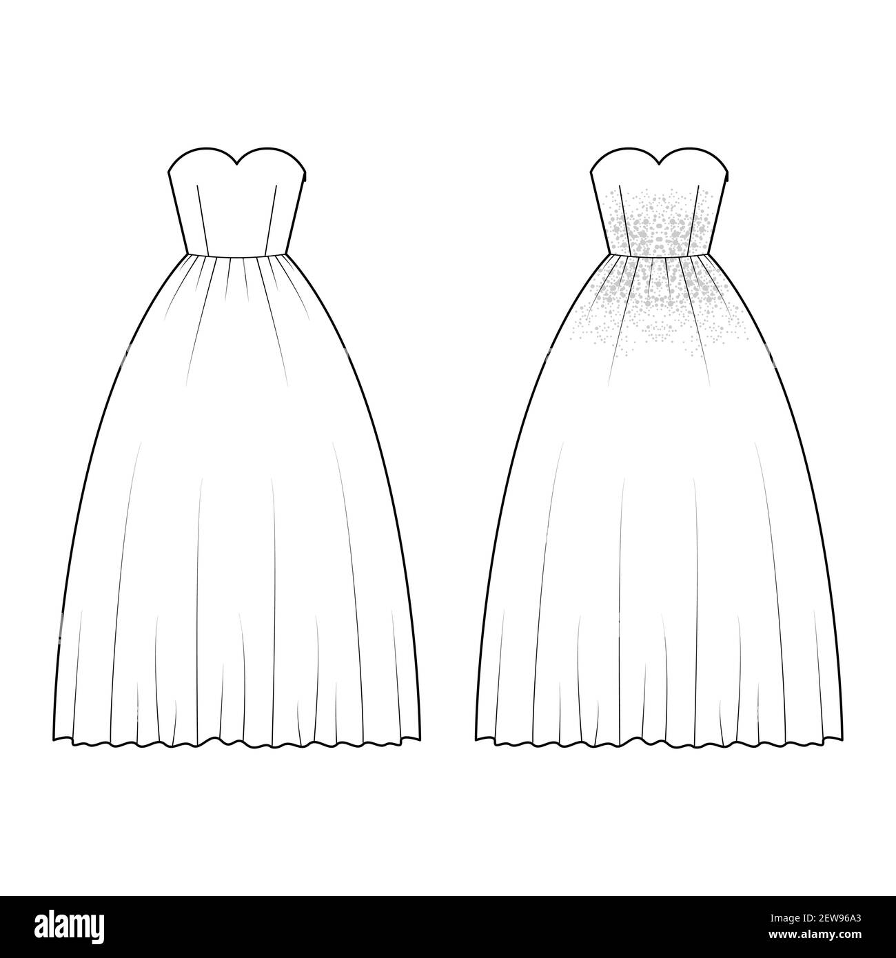 Ensemble de robes en crinoline illustration technique de la mode avec encolure en forme de coeur sans bretelles, long plancher, jupe complète, motif ornement. Sans pinces, coloris blanc. Maquette de CAO unisexe pour femmes Illustration de Vecteur