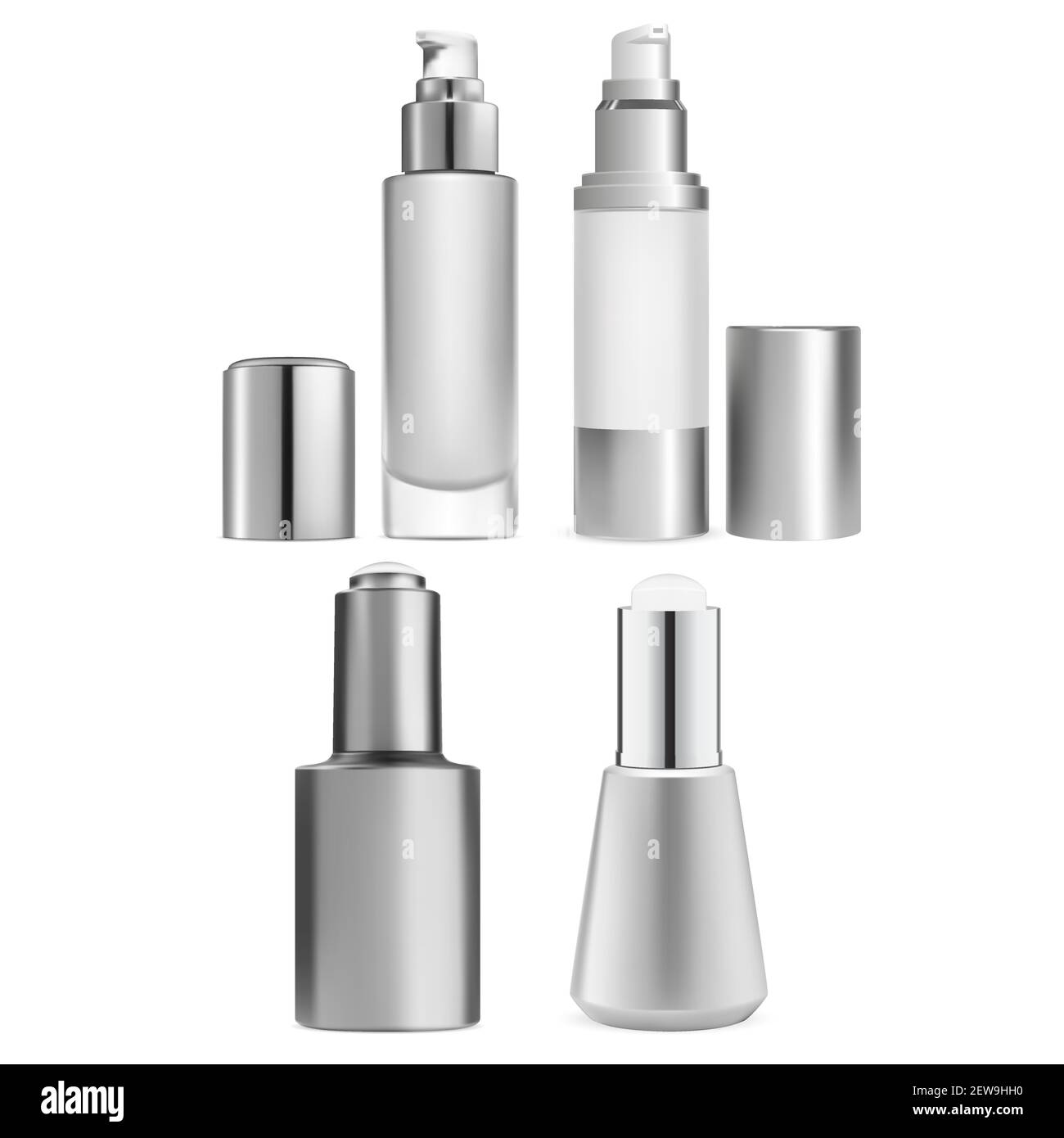 Flacon compte-gouttes. Conception du flacon de sérum de pompe sans air. maquette 3d de produit de beauté de luxe. Modèle de flacon distributeur Foundation. Flacon en argent transparent pour le visage Illustration de Vecteur