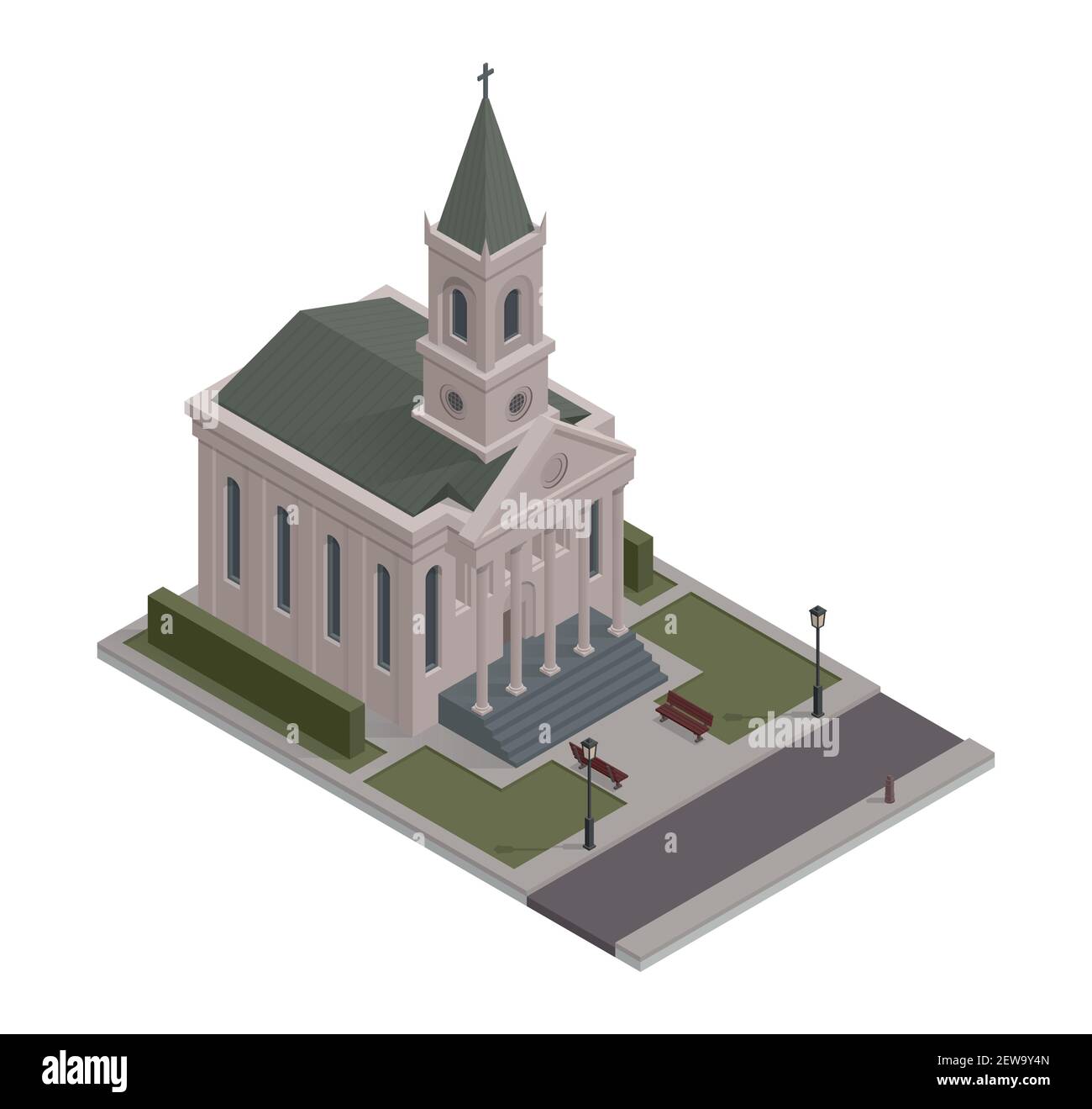 Elément isométrique vectoriel représentant l'église catholique chrétienne avec parc adjacent, bancs, route. Bâtiment de la cathédrale gothique ancienne, isolé et à faible poly Illustration de Vecteur