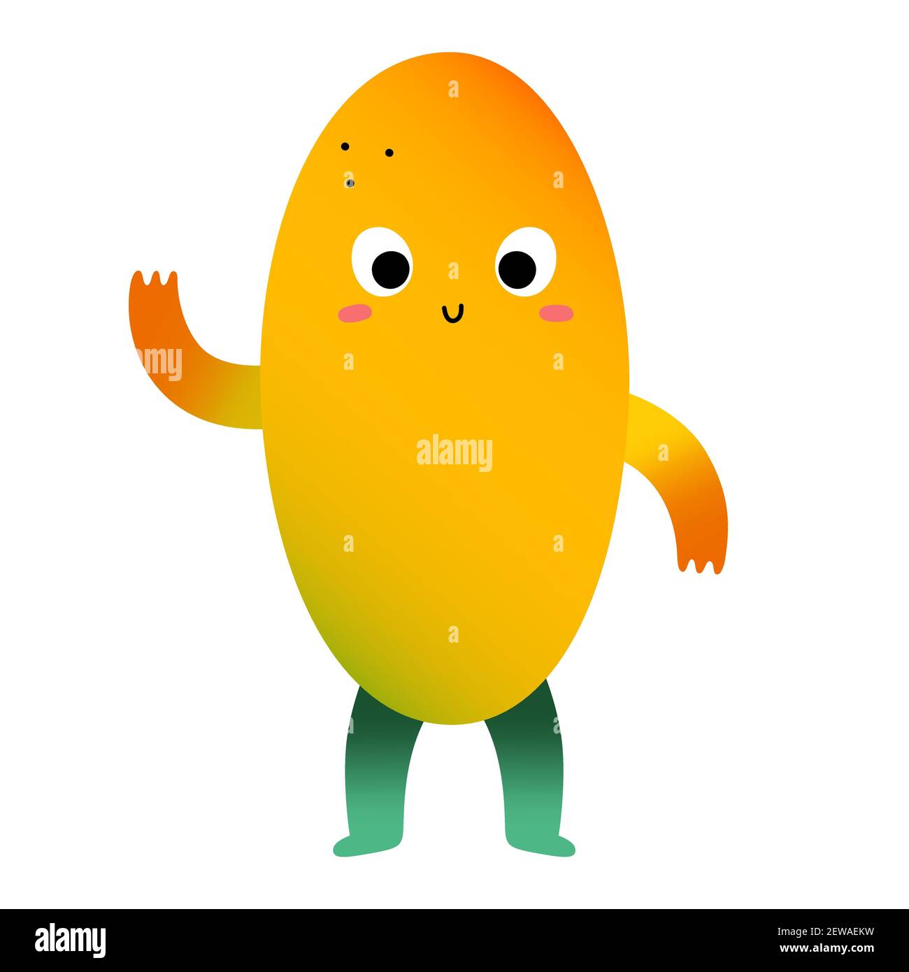 Personnage de mangue mignon, fruit tropical doux, créature de dessin animé kawaii avec expression de visage drôle en signe de bonjour avec la main, illustration vectorielle Illustration de Vecteur