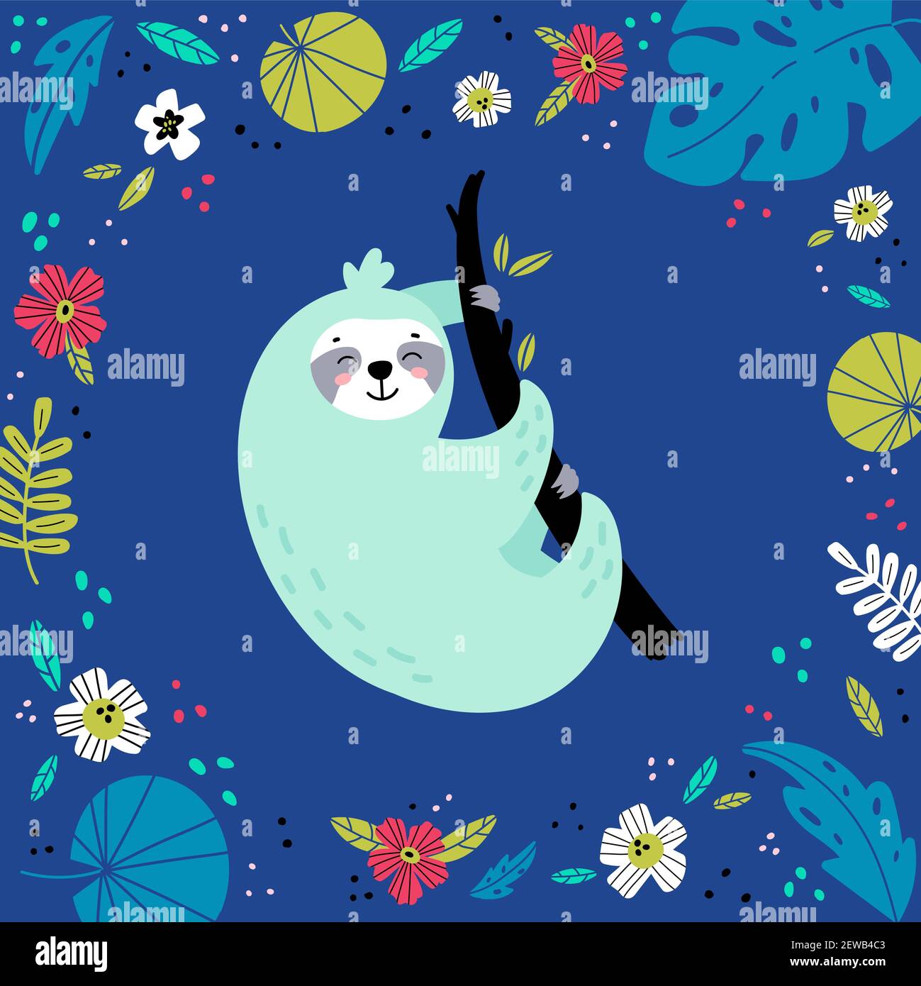 Sloth dans diverses feuilles et fleurs tropicales. Illustration de Vecteur