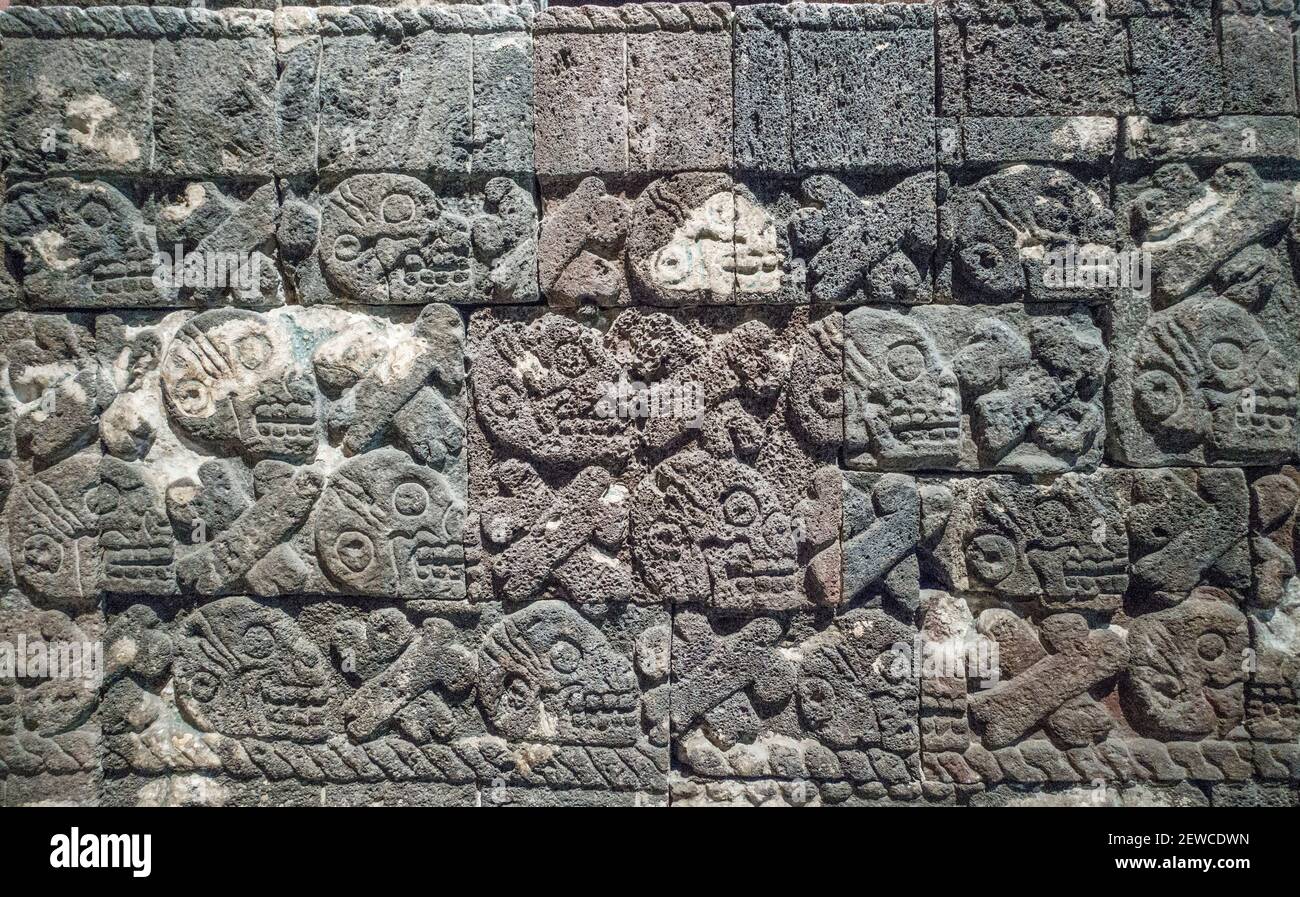 Reconstruction Pierre relief du Musée d'anthropologie des crânes sacrificiels Aztec, Mexico, Mexique Banque D'Images