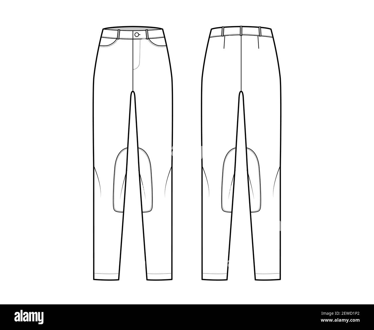 Ensemble de jeans Kentucky Jodhpurs pantalons denim illustration technique de la mode avec taille basse, taille, passants de ceinture, longueurs complètes. Modèle de vêtement plat à l'avant dans le dos, style blanc. Femmes, maquette de CAO unisex Illustration de Vecteur