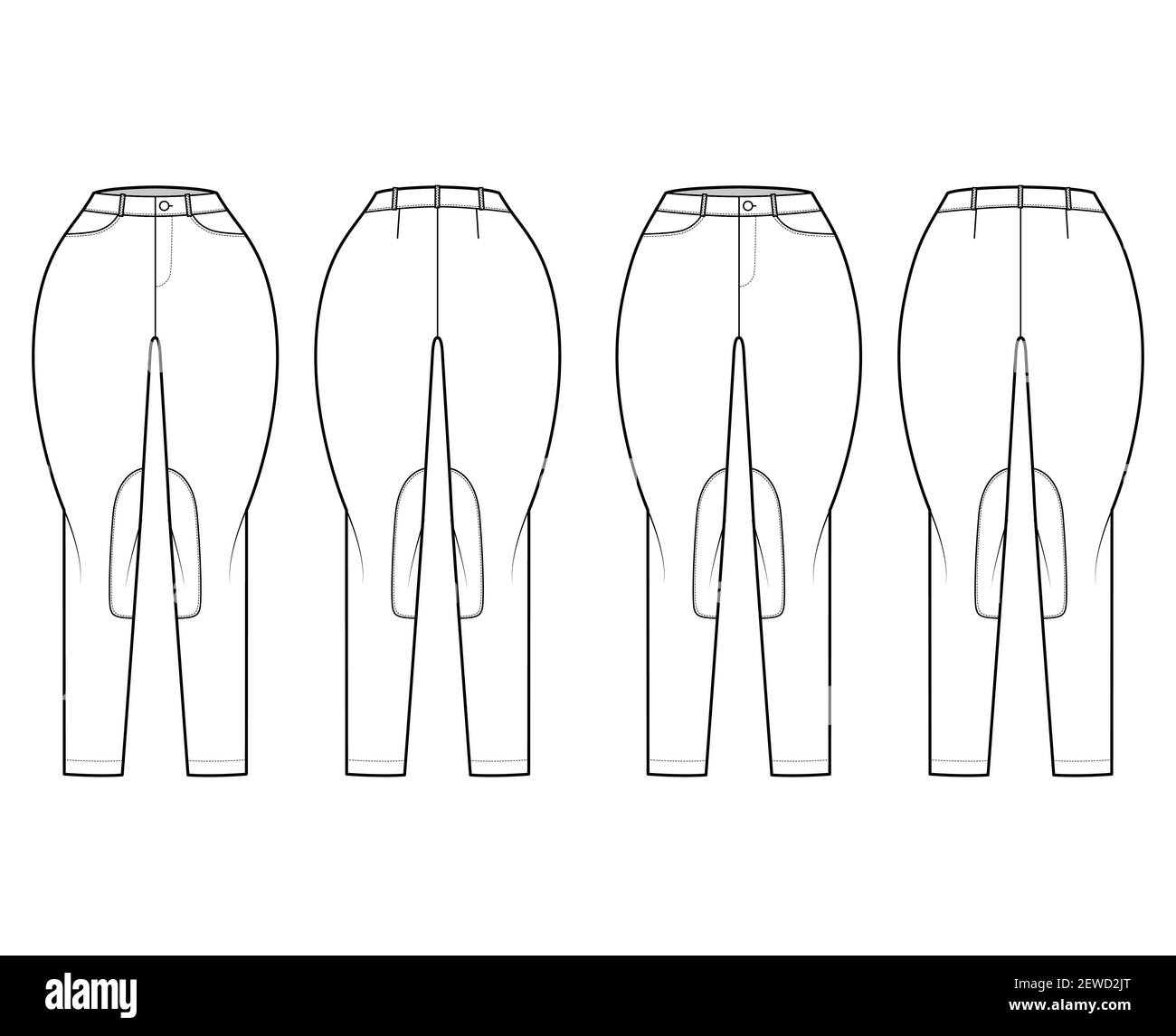 Ensemble de jeans Classic Jodhpurs pantalons denim technique mode illustration avec taille basse normale, taille haute, passants de ceinture, pleine longueur. Modèle plat à l'avant à l'arrière, style blanc. Maquette CAD pour femmes et hommes Illustration de Vecteur