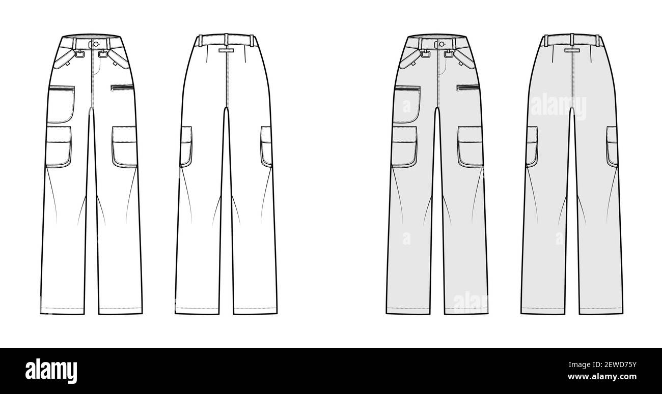 Pantalon de ski illustration technique de la mode avec taille basse, taille  haute, poches plaquées à rabat avec fermeture à glissière, passants de  ceinture, longueurs complètes. Vêtements plats à l'avant dans le