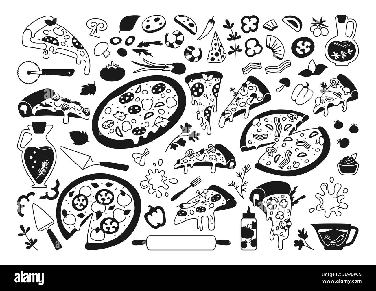 Ensemble de glyphes noir pour pizza. Pizzas italiennes monochromes avec légumes verts, poivre, tomate, fromage d'olive. Margarita et hawaïen, pepperoni ou fruits de mer mexicains. Collection vecteur de pizzas et d'ingrédients Illustration de Vecteur