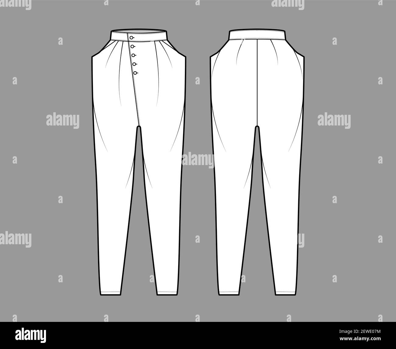 Pantalon fuselé style technique avec taille normale, taille haute, poches bateau, devant drapé, longueurs complètes. Modèle de vêtement plat à l'arrière, blanc, style gris. Femmes, hommes, unisex CAD Illustration de Vecteur