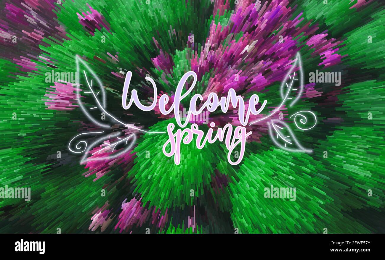 Vert abstrait brillant arrière-plan magenta abd avec texte de printemps de bienvenue Banque D'Images
