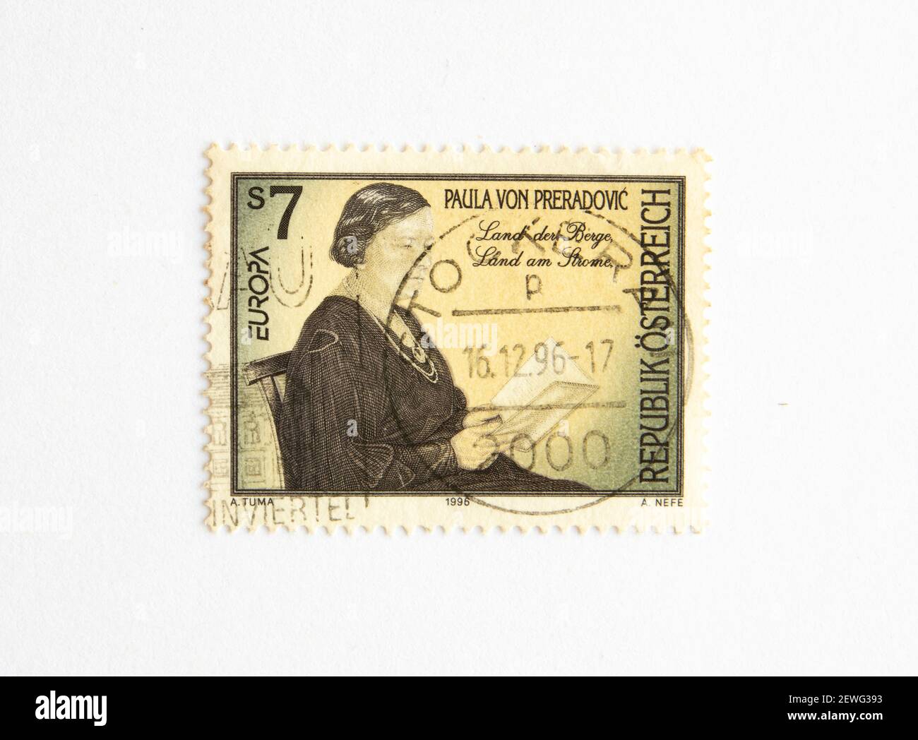 03.03.2021 İstanbul Turquie. Timbre-poste. Autriche 1996 7s Europa issue Paula von Prerdovic auteur Banque D'Images