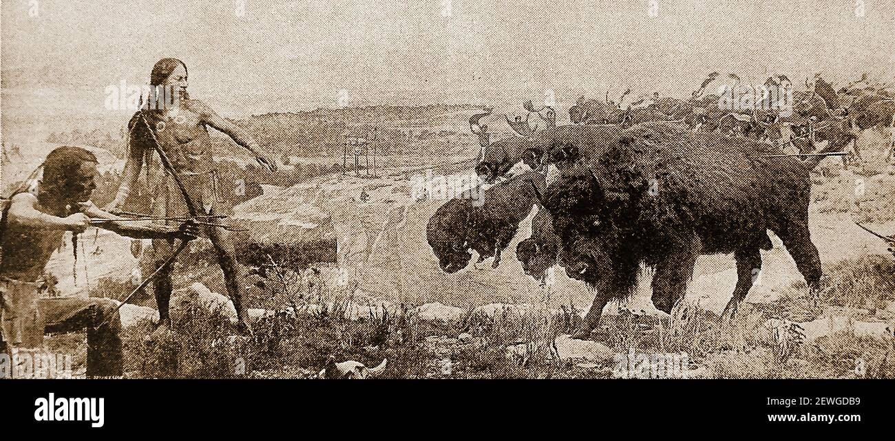 Une vieille ilustration montrant des Indiens d'Amérique chassant des bisons pour la nourriture pendant le temps du Père Marquette, explorateur et missionnaire jésuite en 1673 Banque D'Images