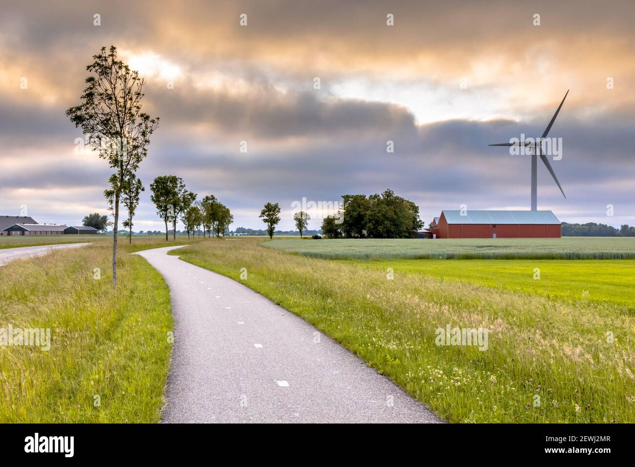 Terres agricoles modernes avec champs, moulin à vent et granges dans le paysage agricole de la province de Groningen, aux pays-Bas. Banque D'Images