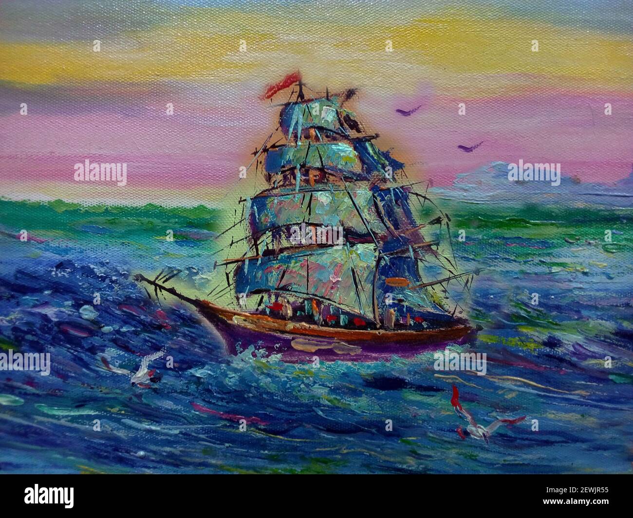 Art peinture acrylique couleur voilier , Austiciousness , junk boat , Arts visuels Banque D'Images