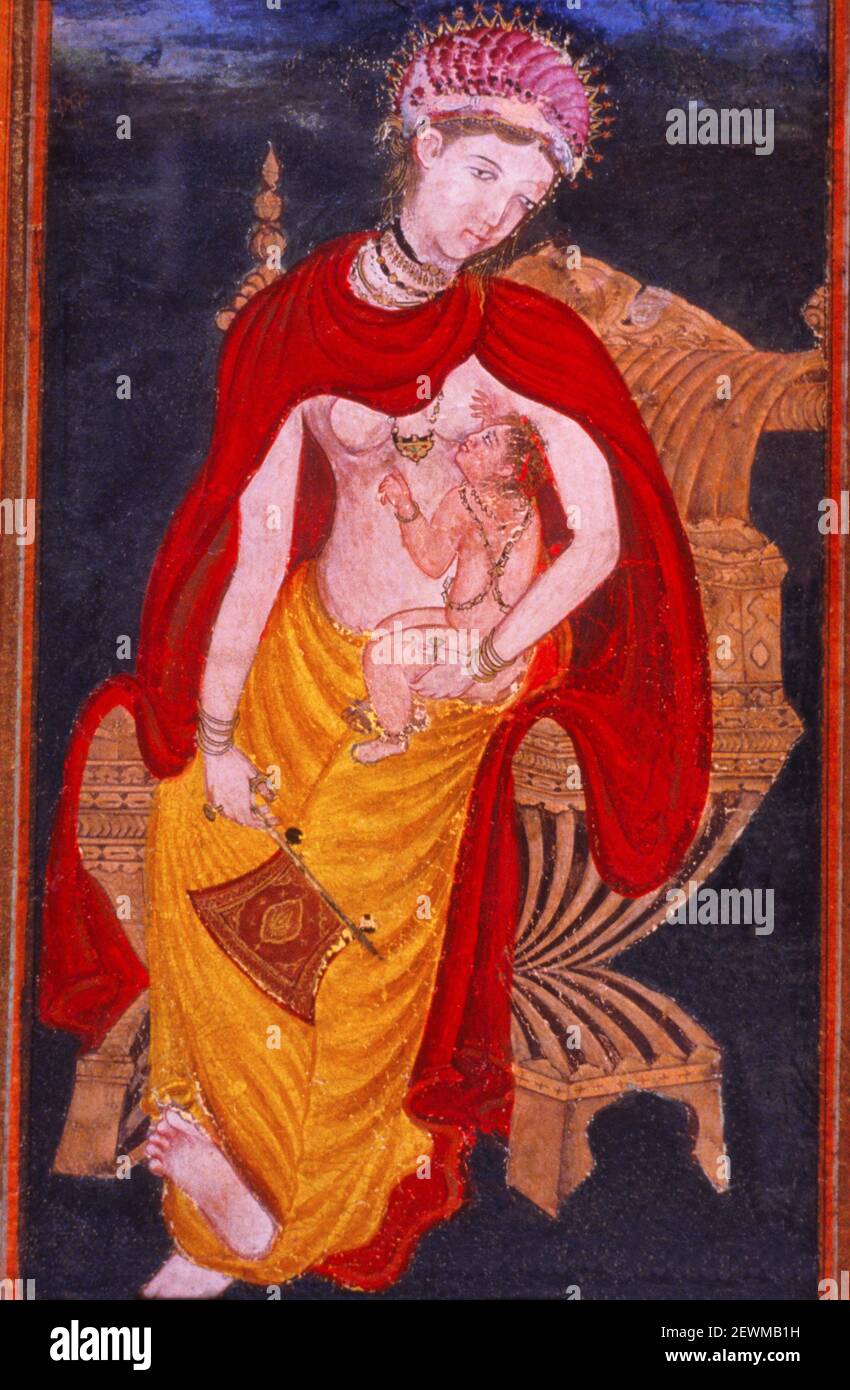 Madonna et l'enfant, peinture de Mughal faite sous l'influence byzantine, Inde Banque D'Images
