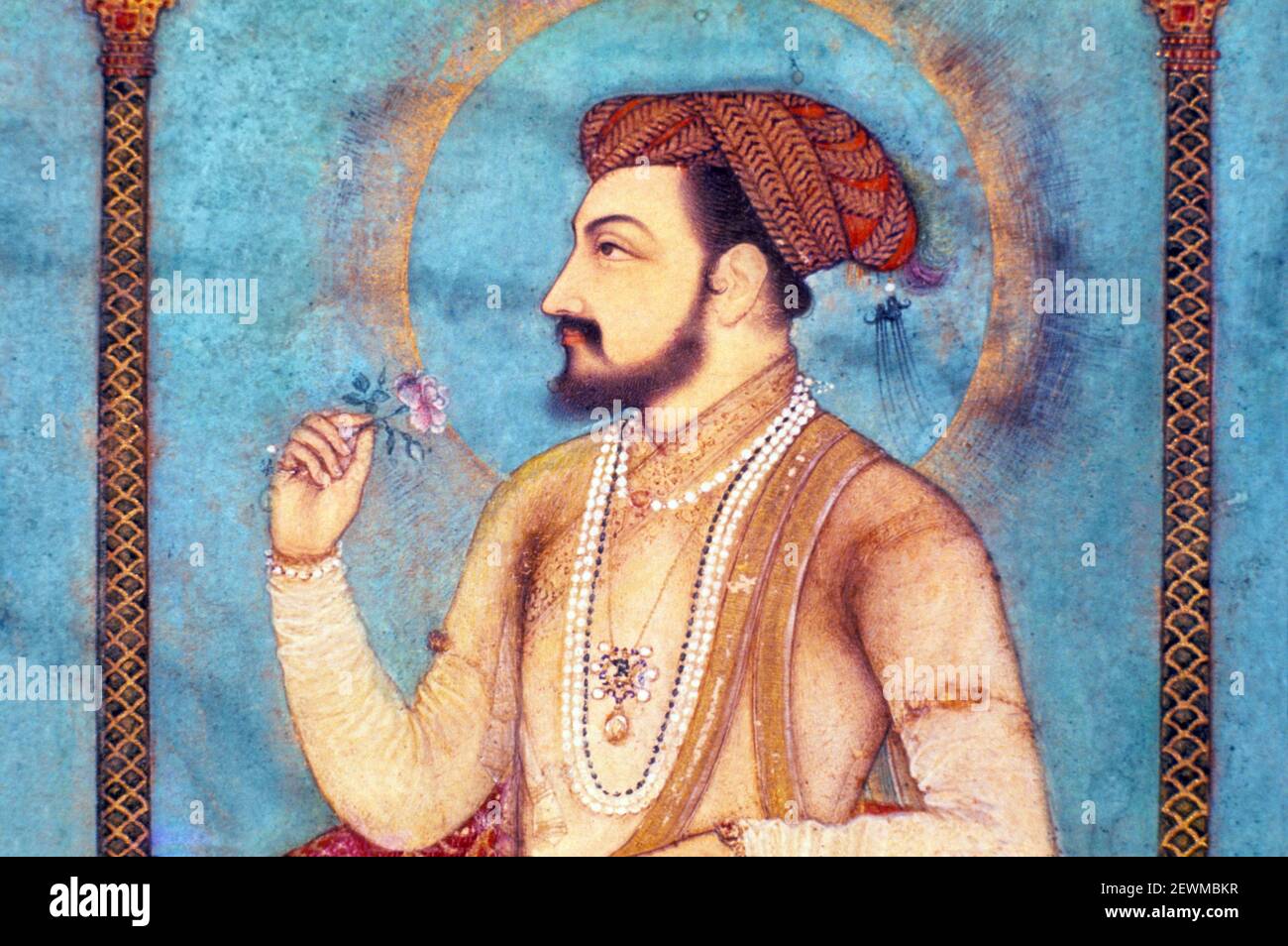 Peinture de Mughal, empereur Shah Jahan sur le trône de paon, attribuée à Govardhan, Circa 1634-35, Inde Banque D'Images