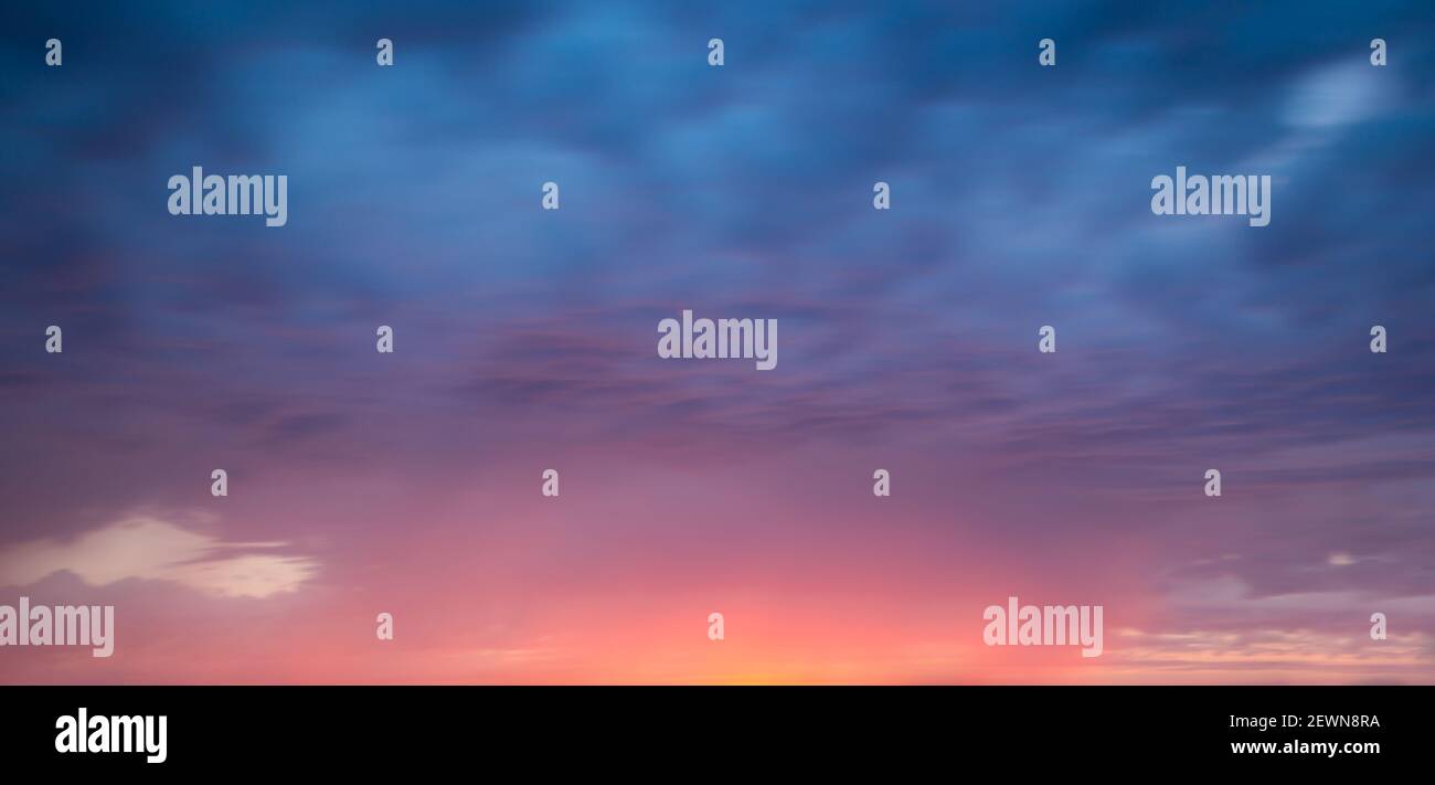 Ciel bleu et rose avec nuages au coucher du soleil, fond de nature panoramique Banque D'Images